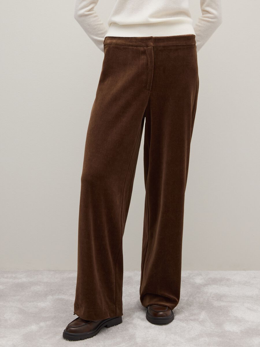 Regular fit brown trousers in cotton and velvet blend_1