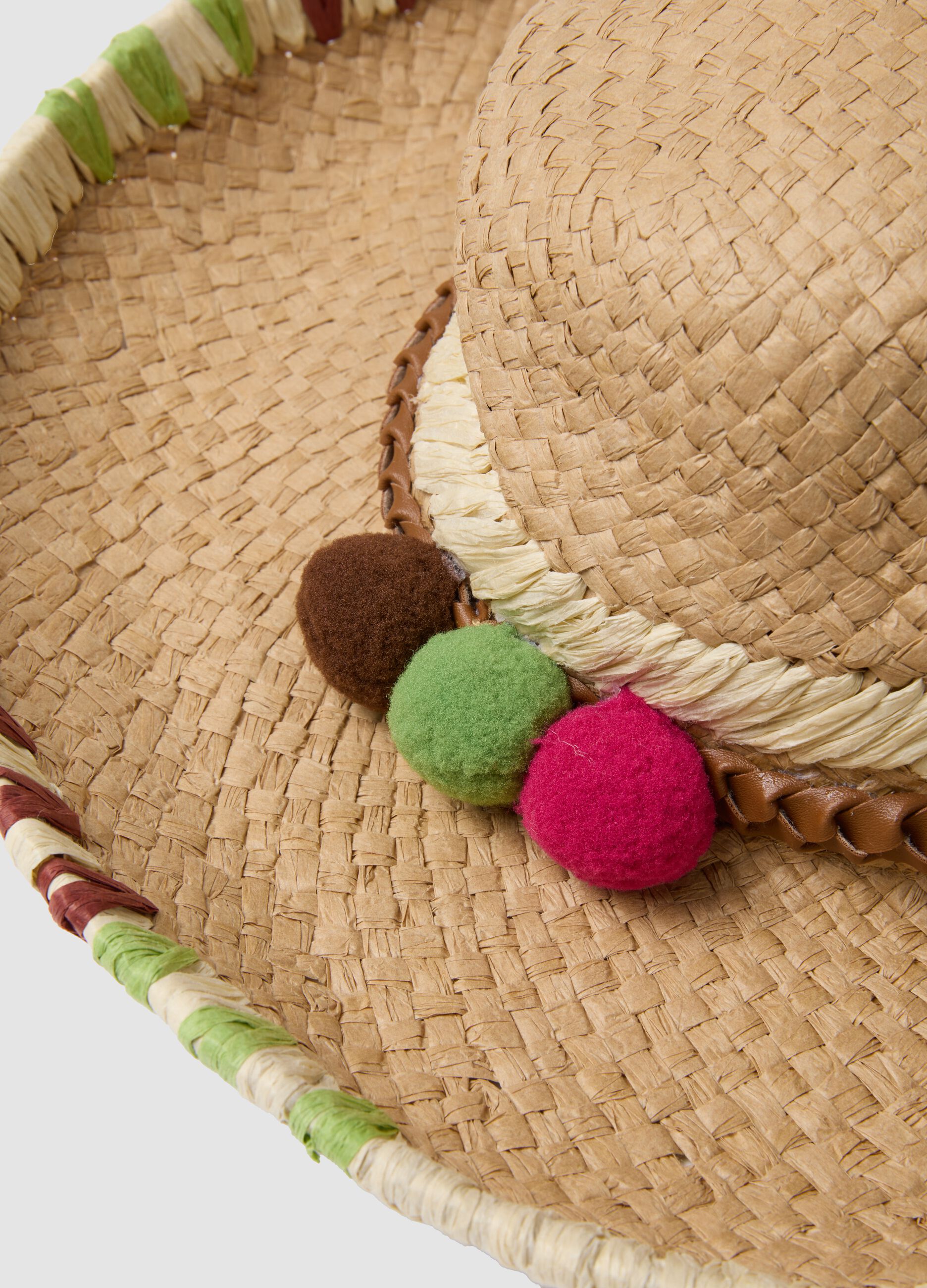 Beige paper-fabric hat with colourful pom-poms