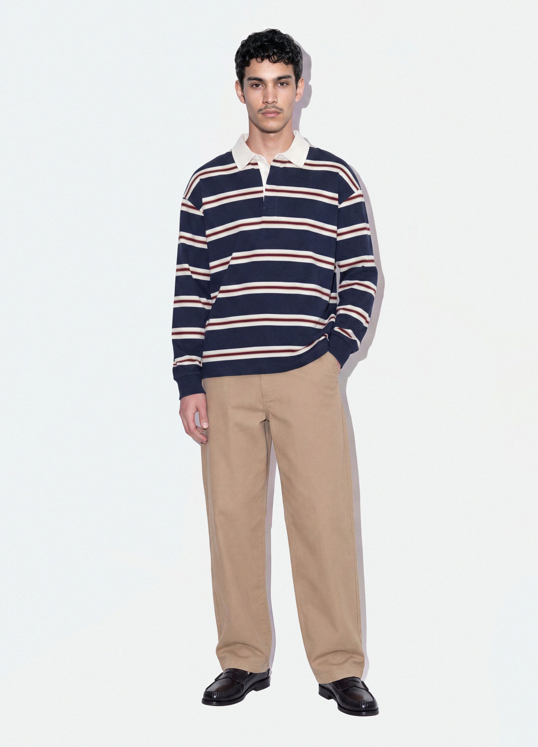 Beige pure cotton barrel-fit chino trousers