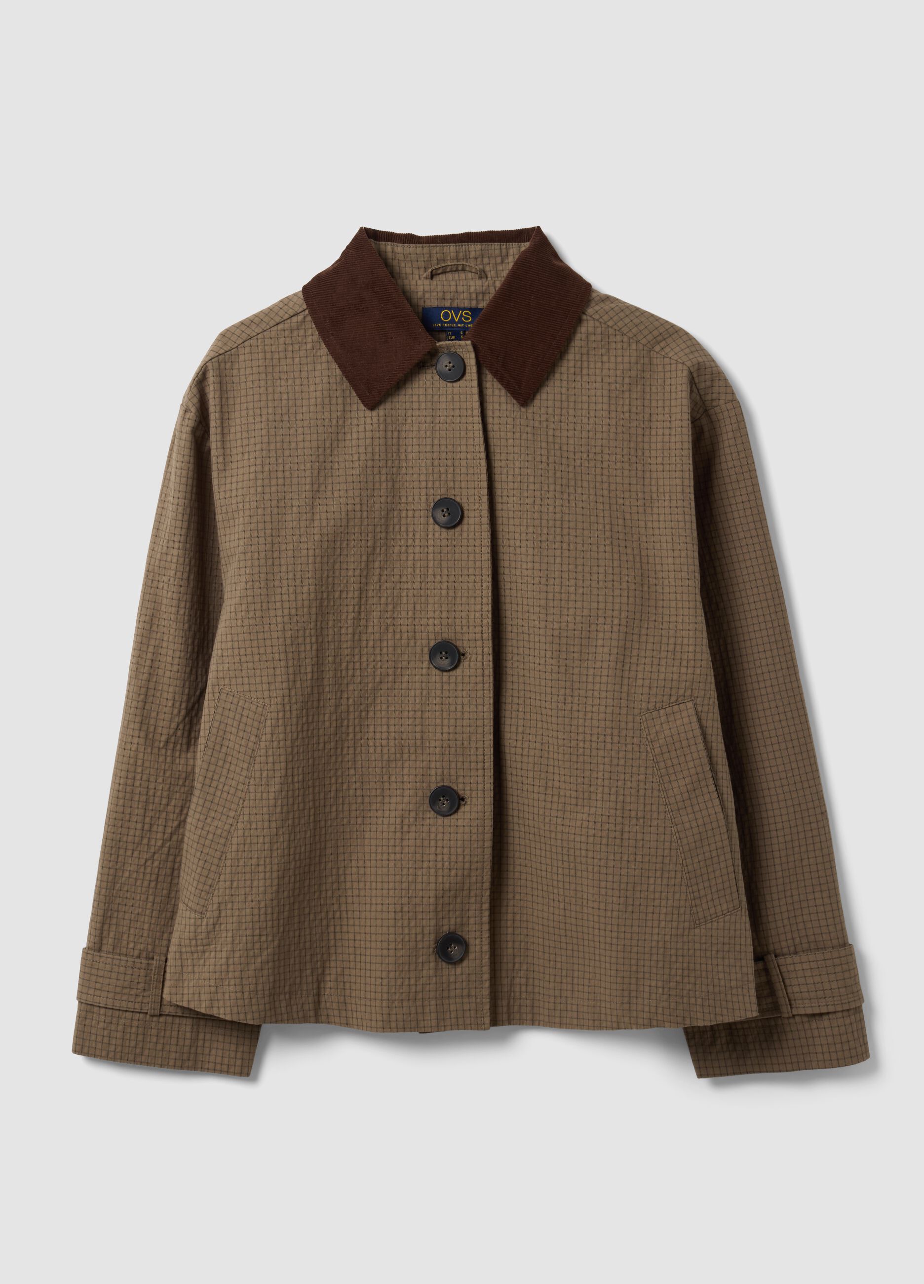 Brown cotton-blend jacket with contrast collar, regular fit