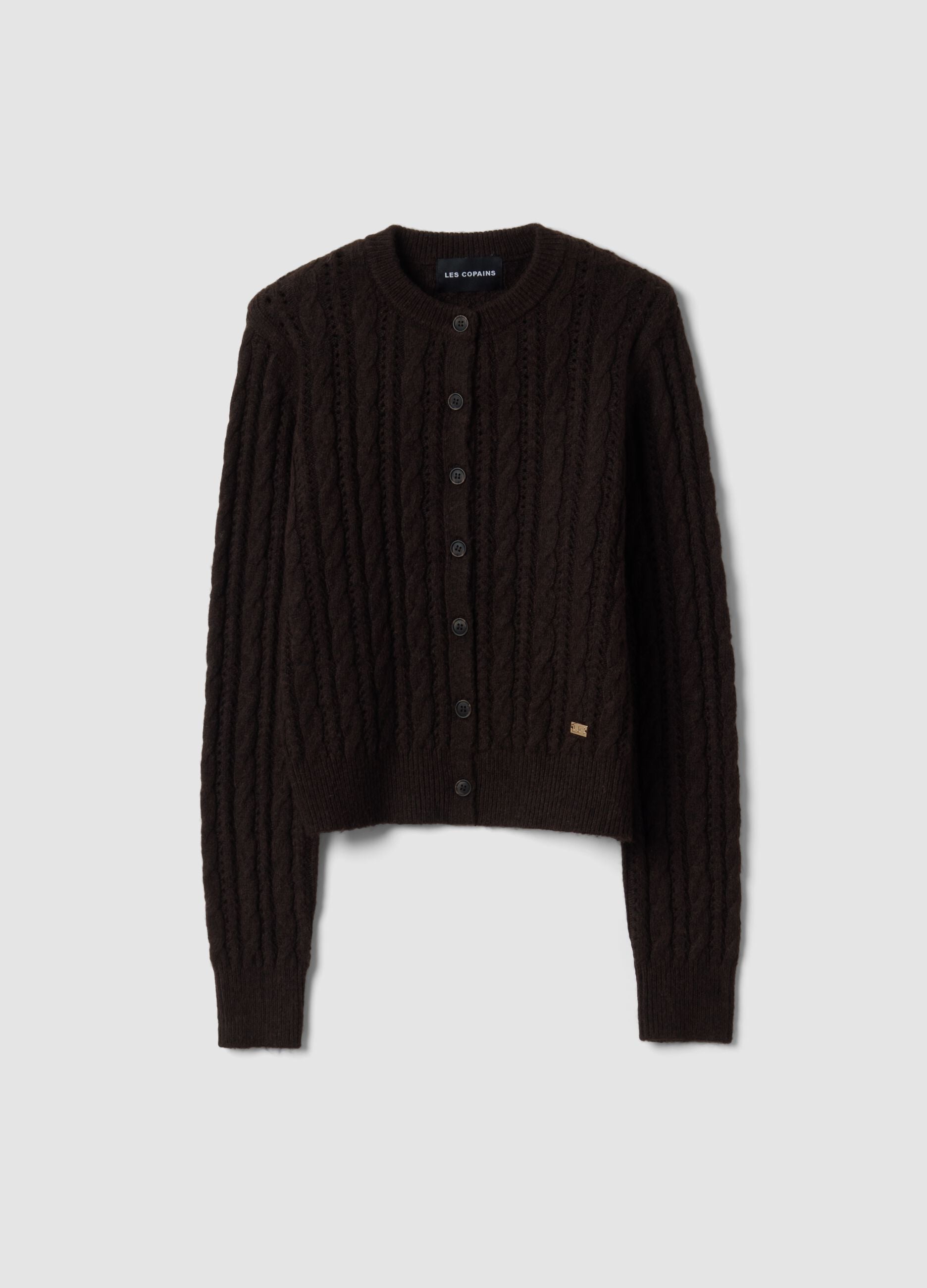 Brown cable-knit wool-blend cardigan