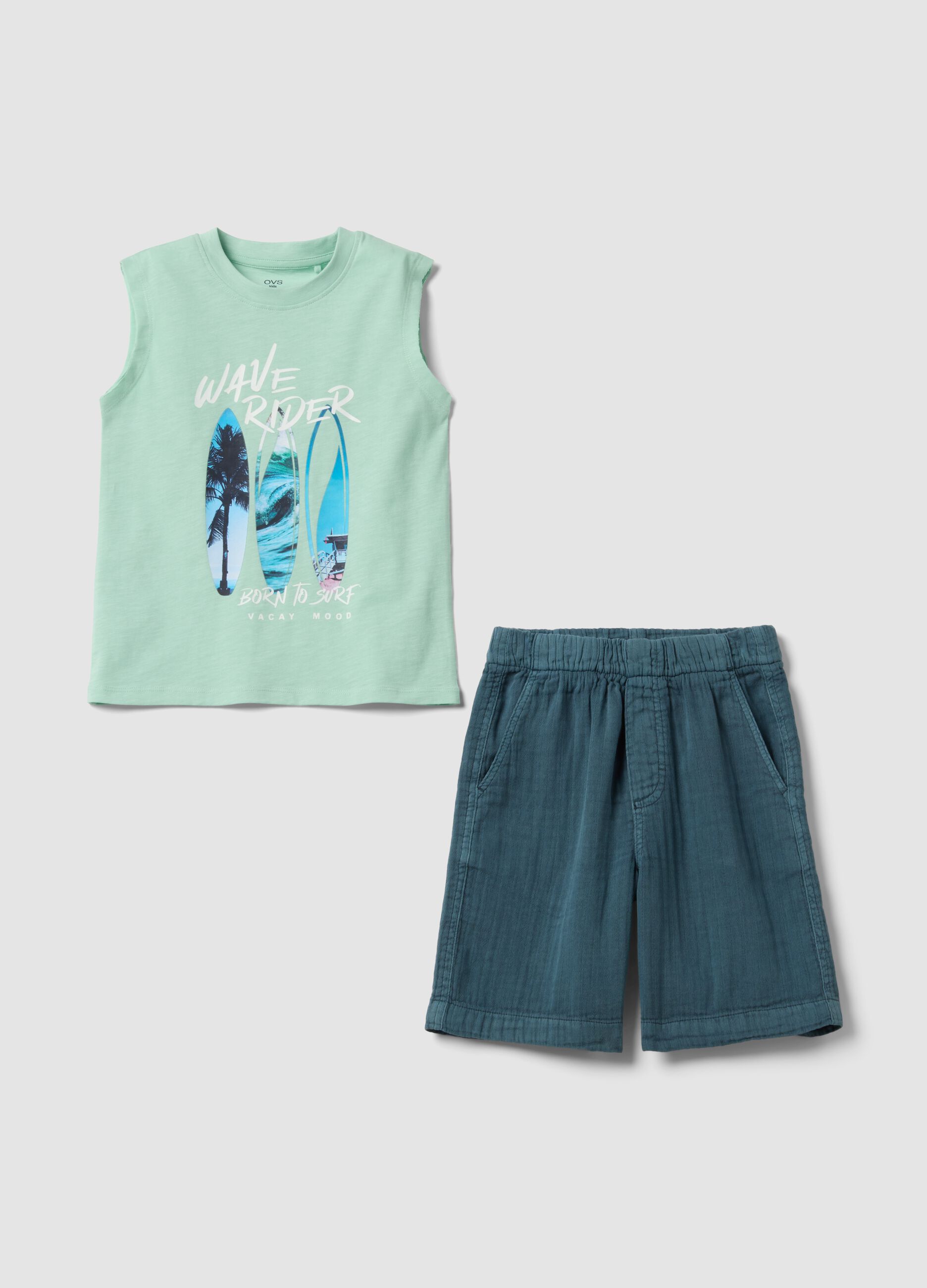 Green and blue pure cotton set with sleeveless top and shorts for boys, regular fit