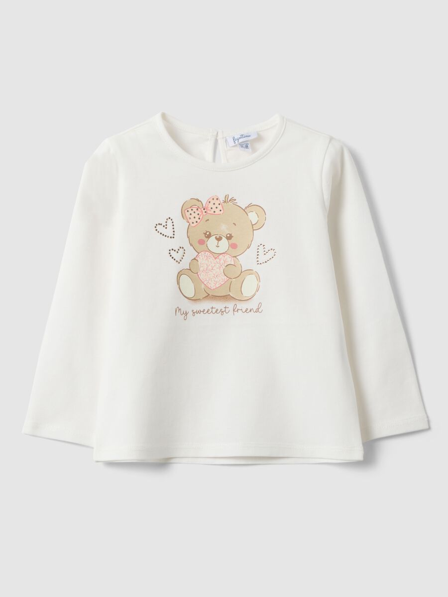 Girls&rsquo; white pure cotton regular-fit T-shirt with teddy bear motif_0