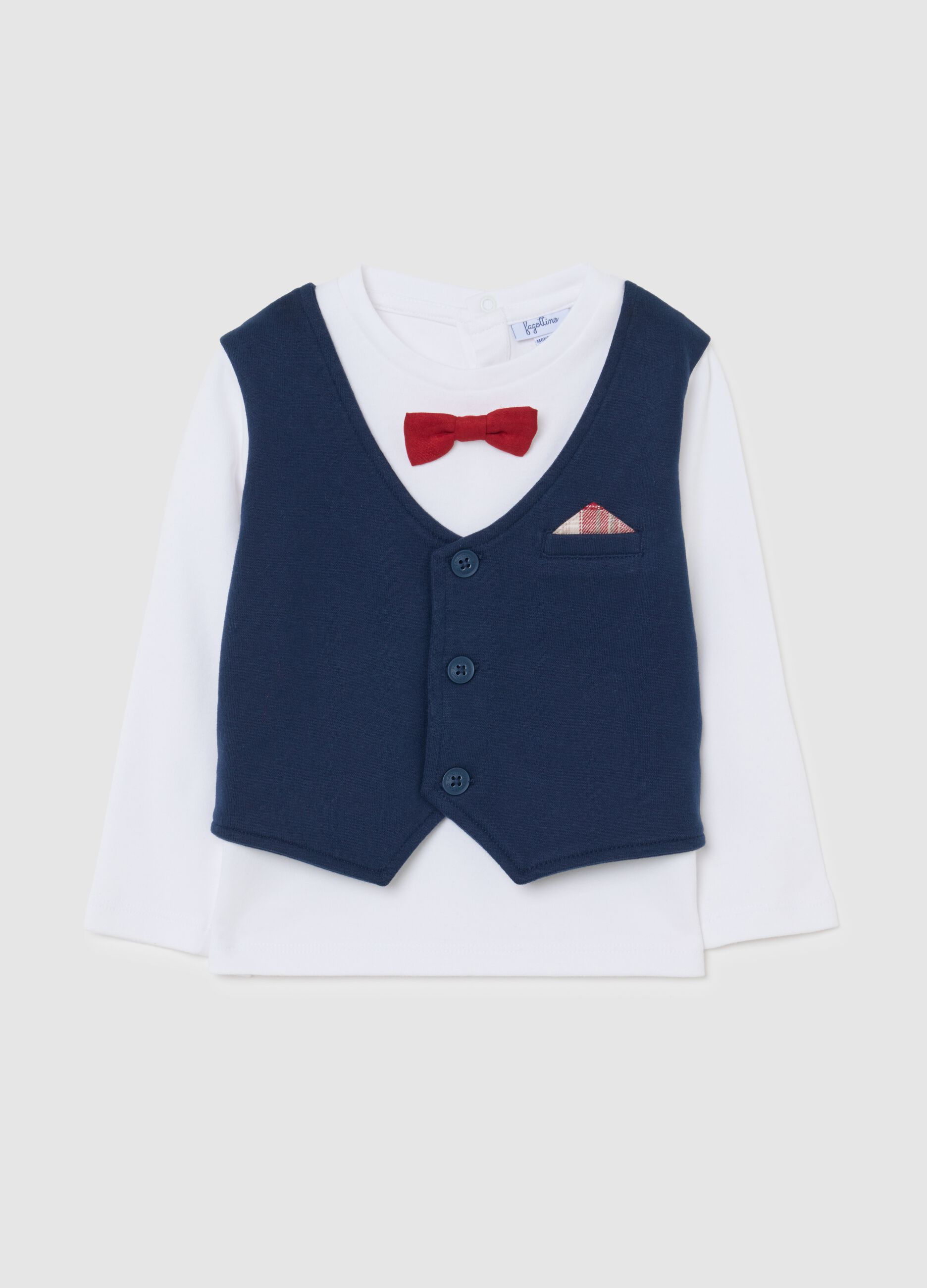 Children's white t-shirt in pure cotton with blue regular fit gilet
