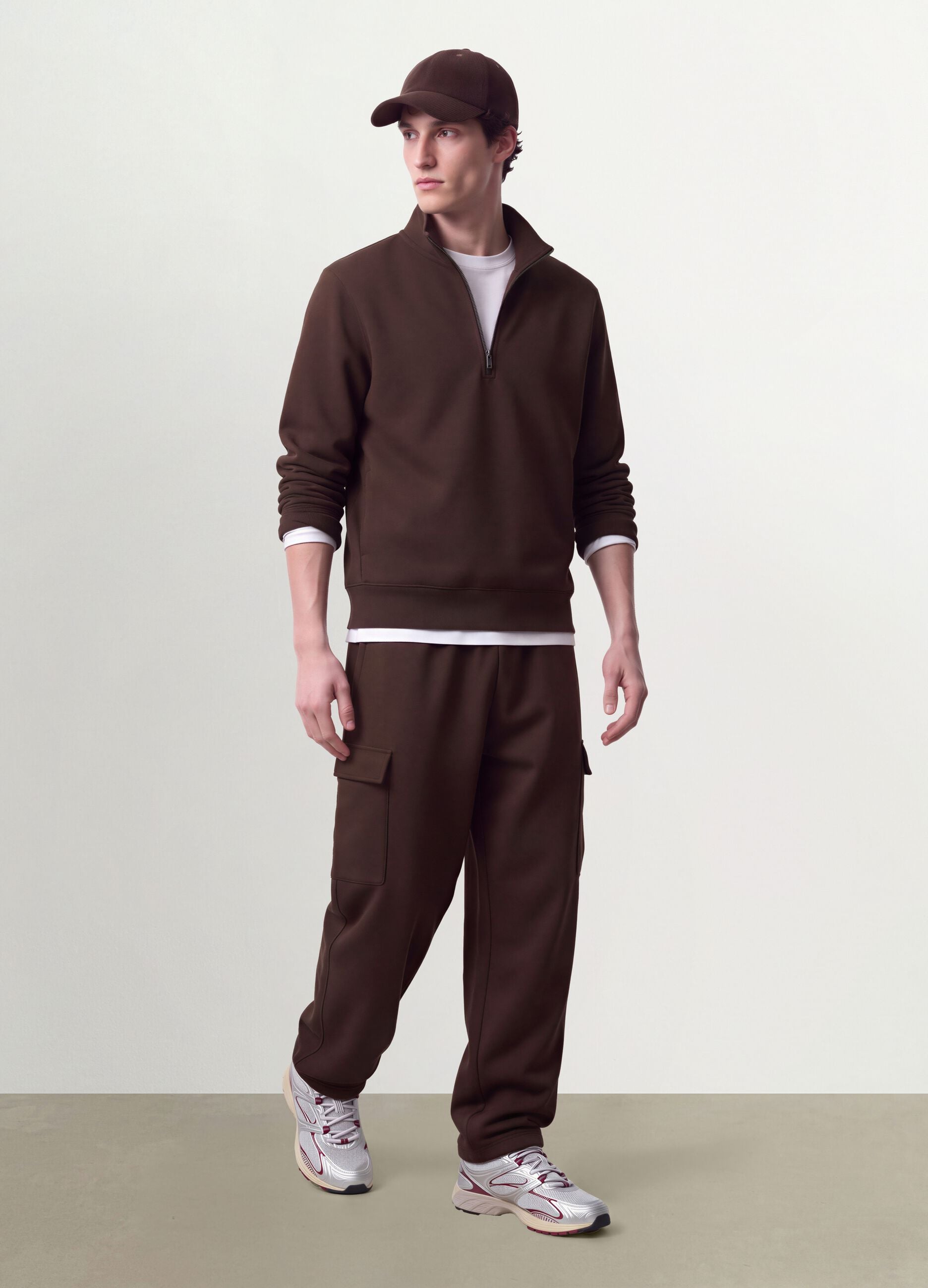 Brown half-zip cotton-blend crew neck