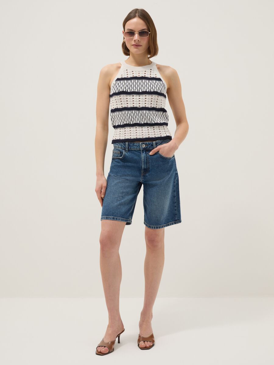 Fitted vest in pure cotton with multicolour stripes and mesh texture_1