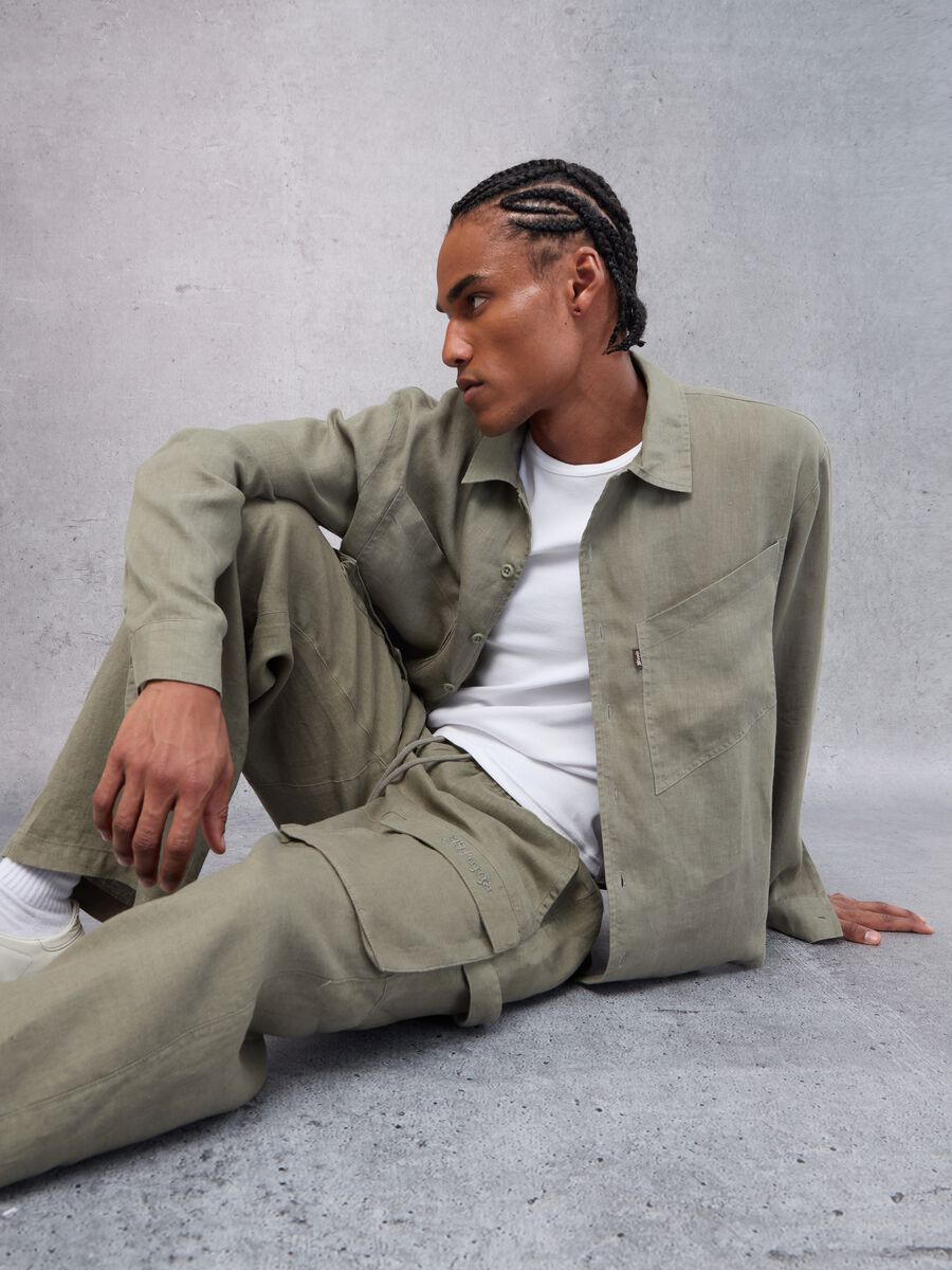 100% Linen Cargo Shirt Military Green_3