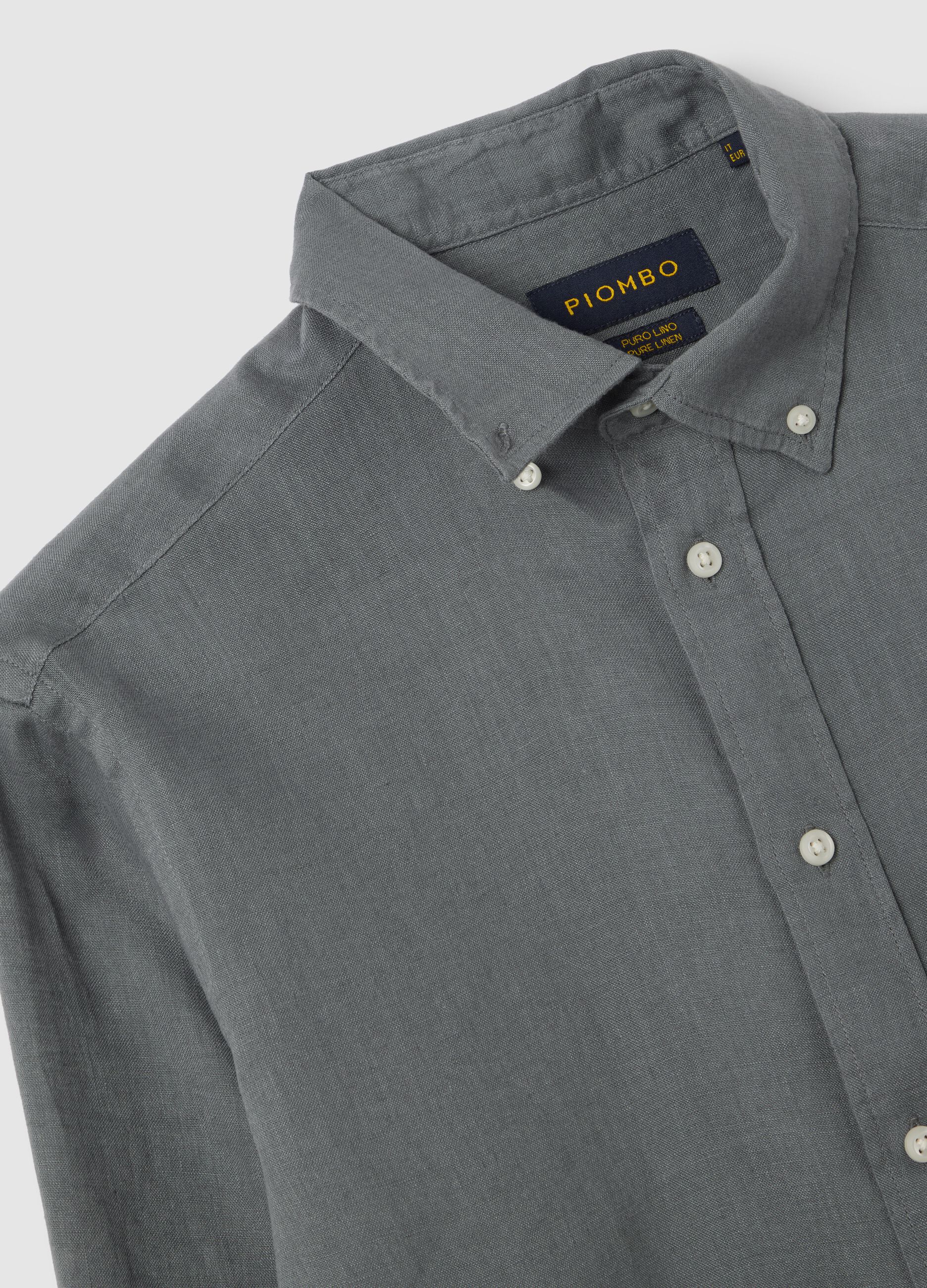 Camicia da uomo in puro lino grigio regular fit con colletto button down