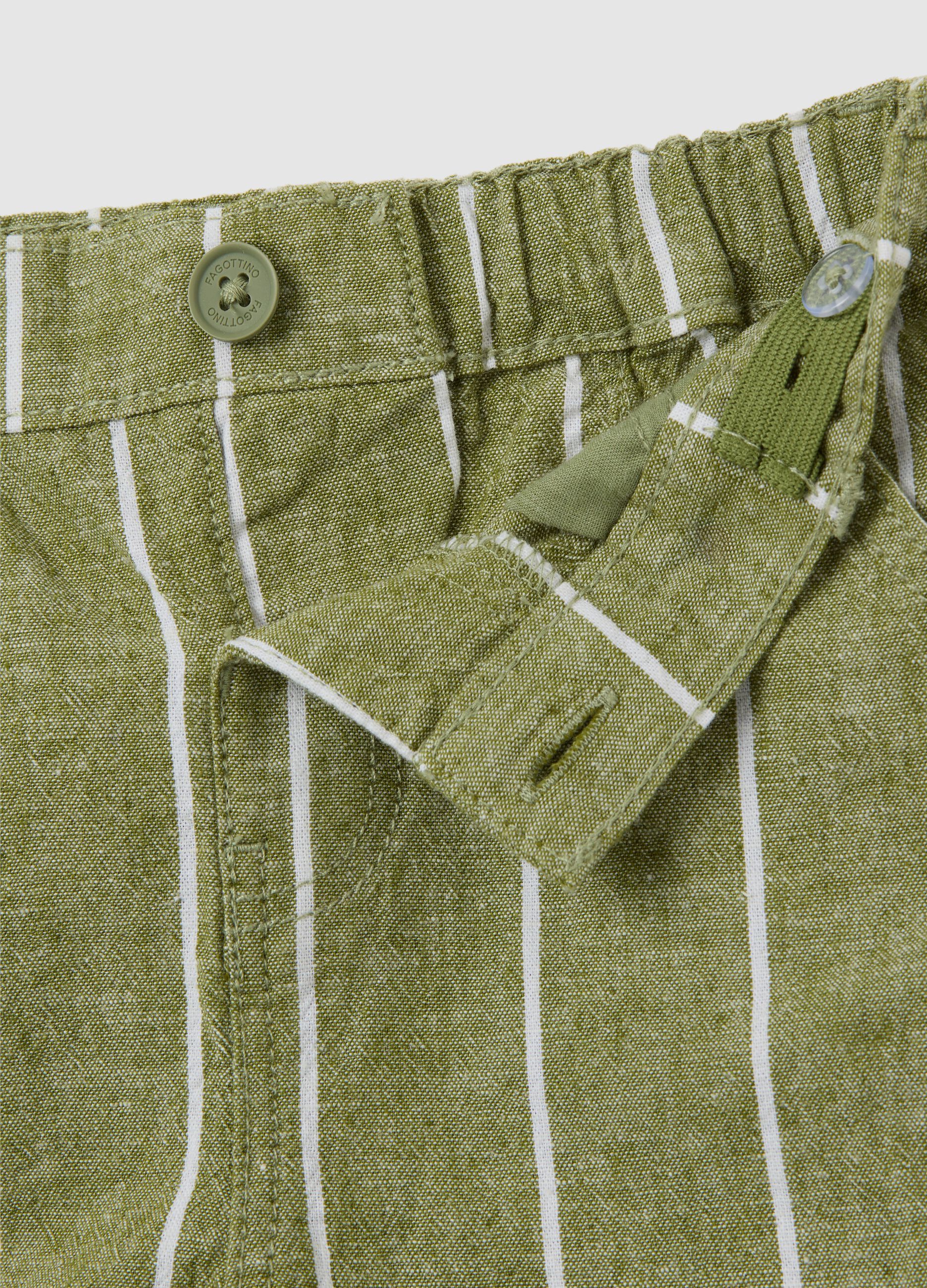 Children's set in white and green regular fit linen and cotton blend with striped shorts