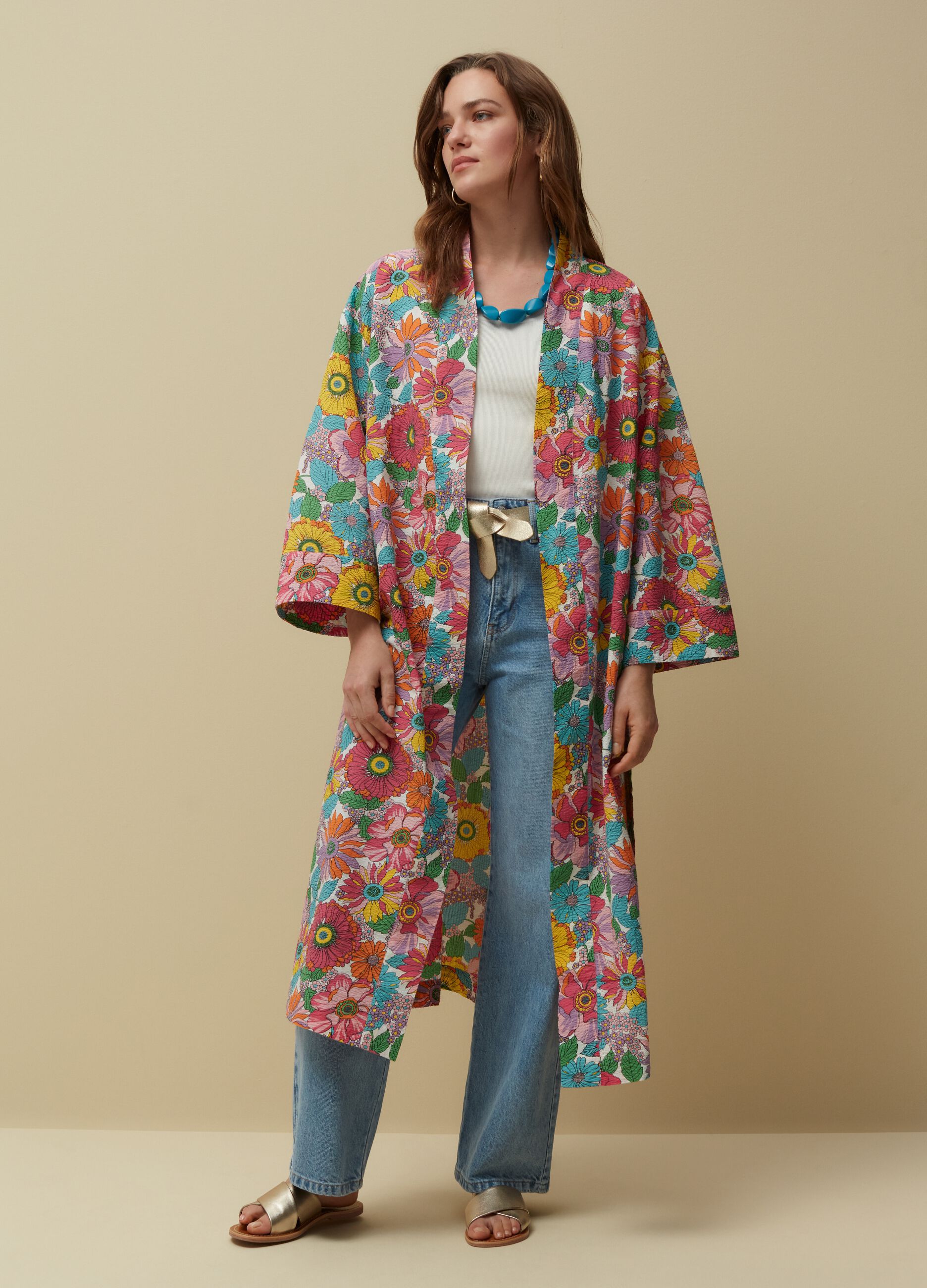 Long kimono with floral print
