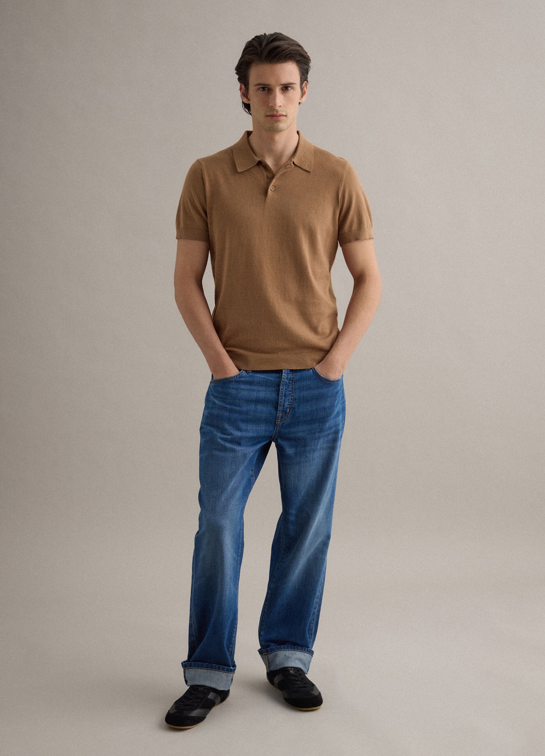 Regular fit brown polo shirt in cotton, linen and silk blend