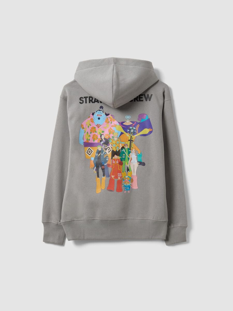 Grey hooded sweatshirt in cotton blend with One Piece print, oversized fit_1