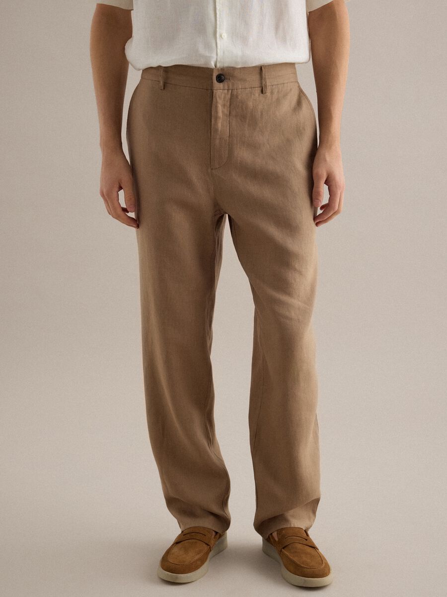 Pantaloni in puro lino marroni regular fit_1