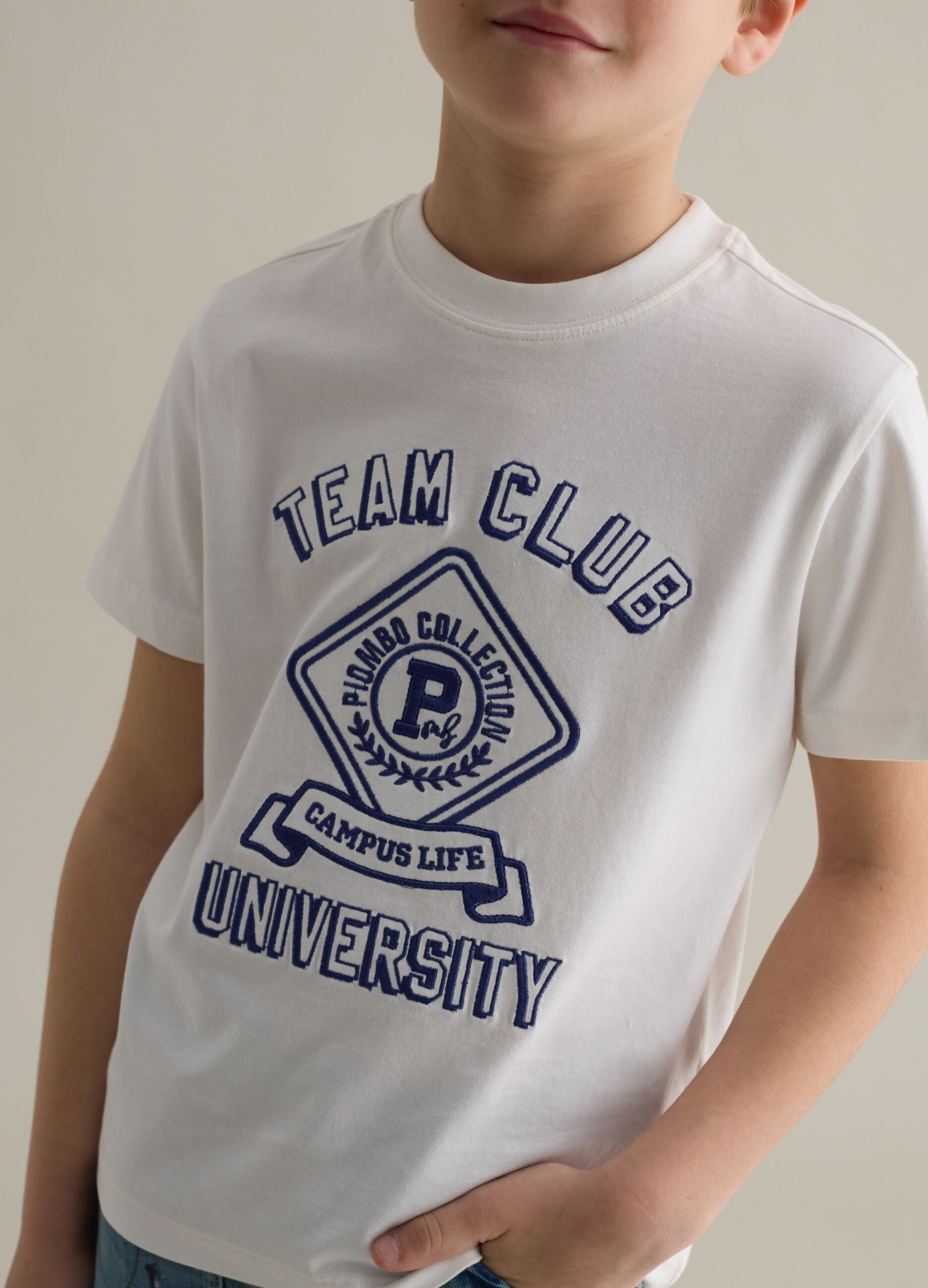 Cotton T-shirt with lettering embroidery