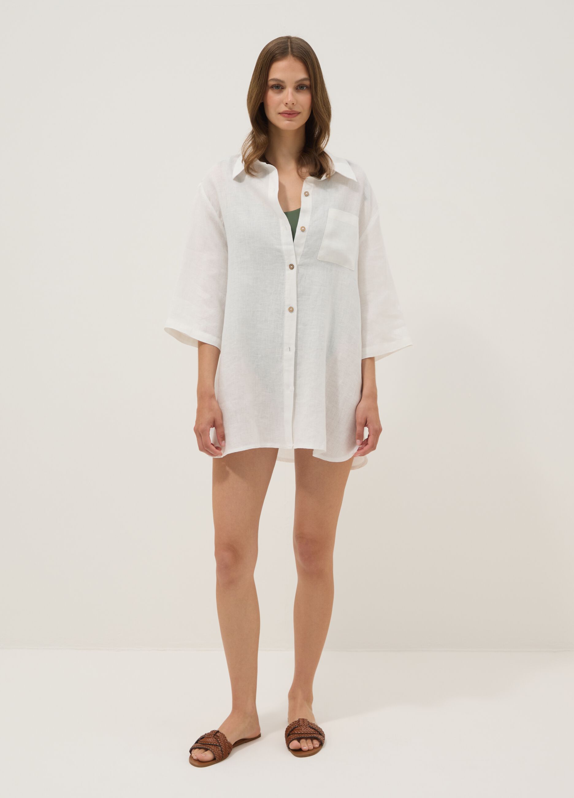 Long white pure linen beach cover-up