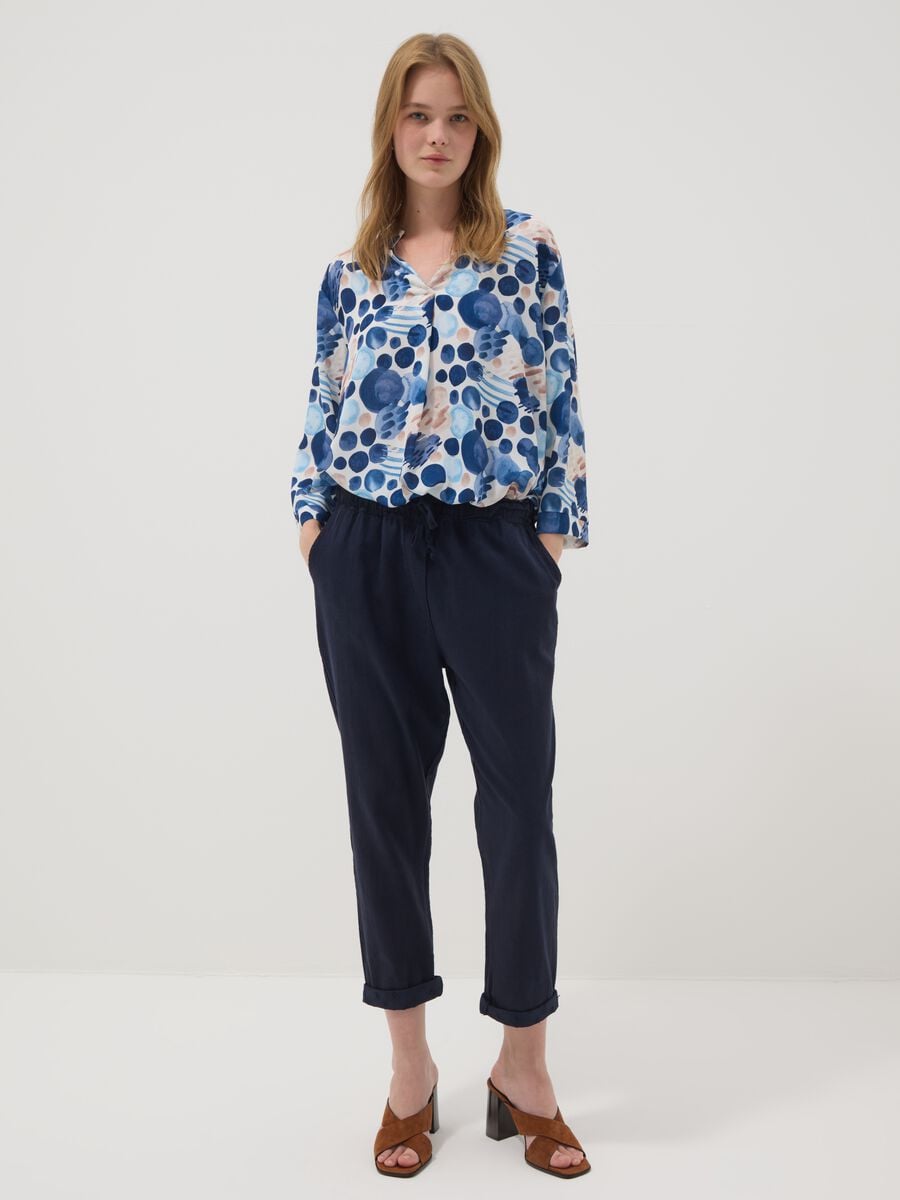 Pantaloni blu in misto lino e cotone regular fit_0