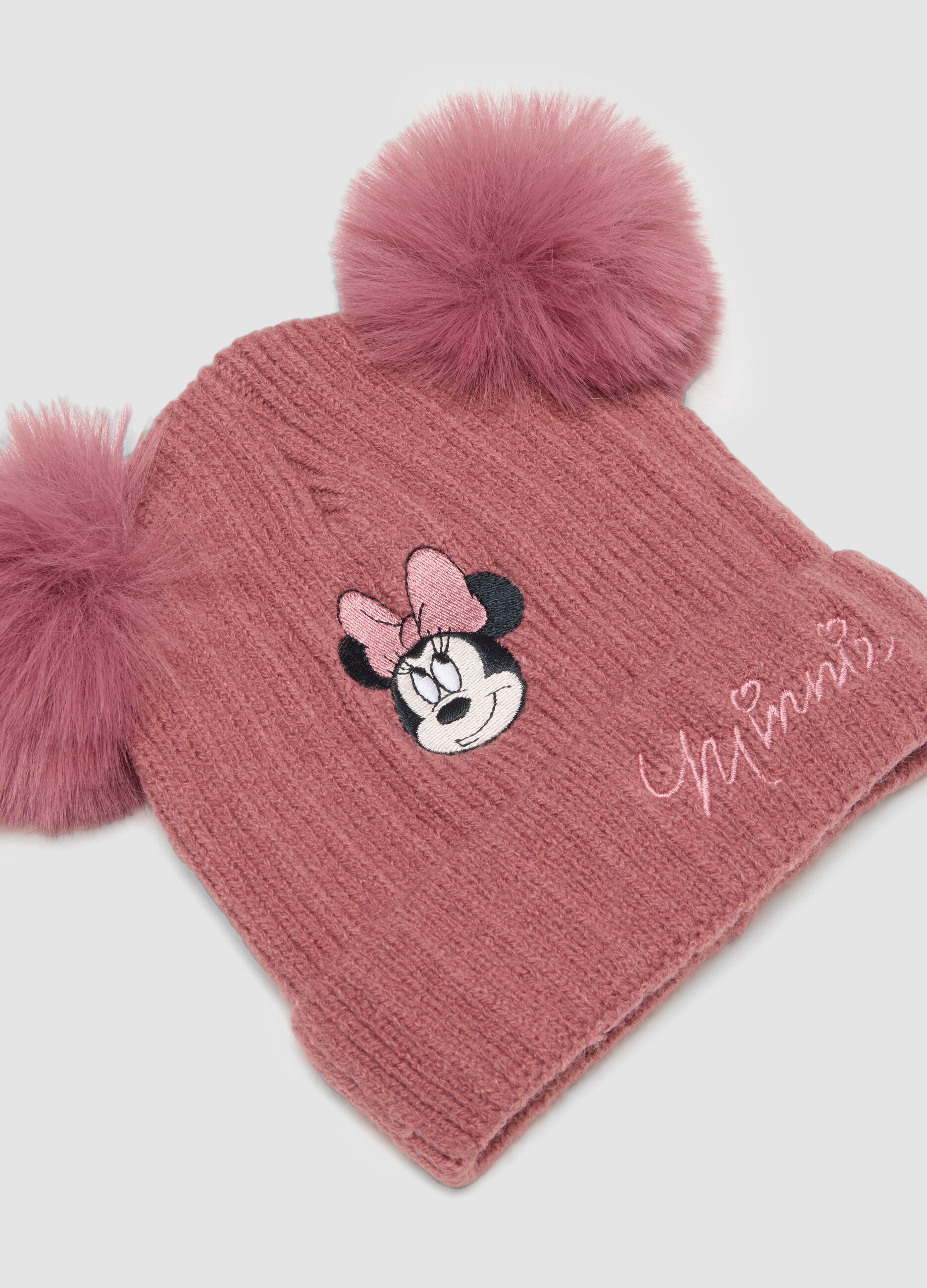 Cappello rosa con pompon e ricamo Minnie