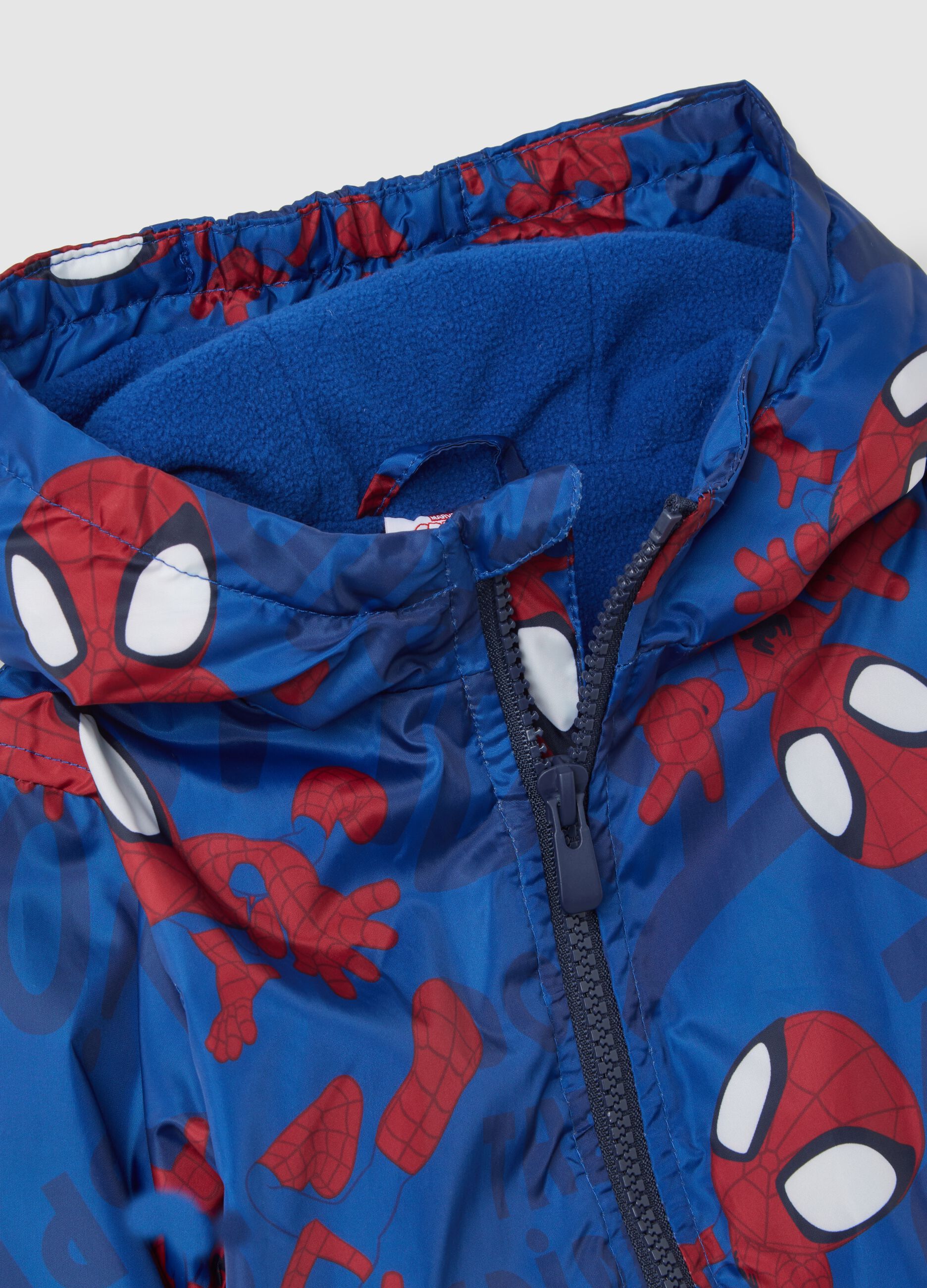 Blue padded children's jacket with zip and Spider-Man print