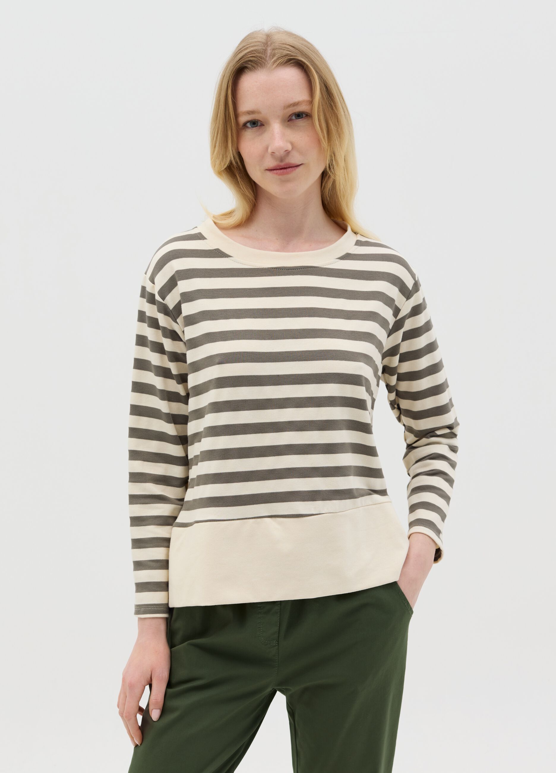 Beige and green striped top with long sleeves