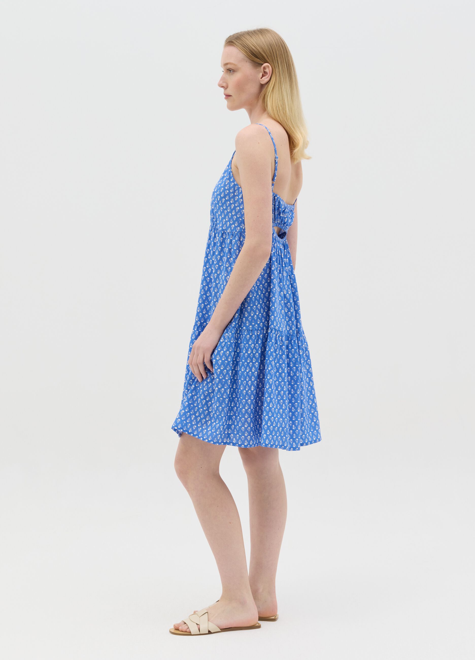 Light blue viscose dress with V neck and flounce