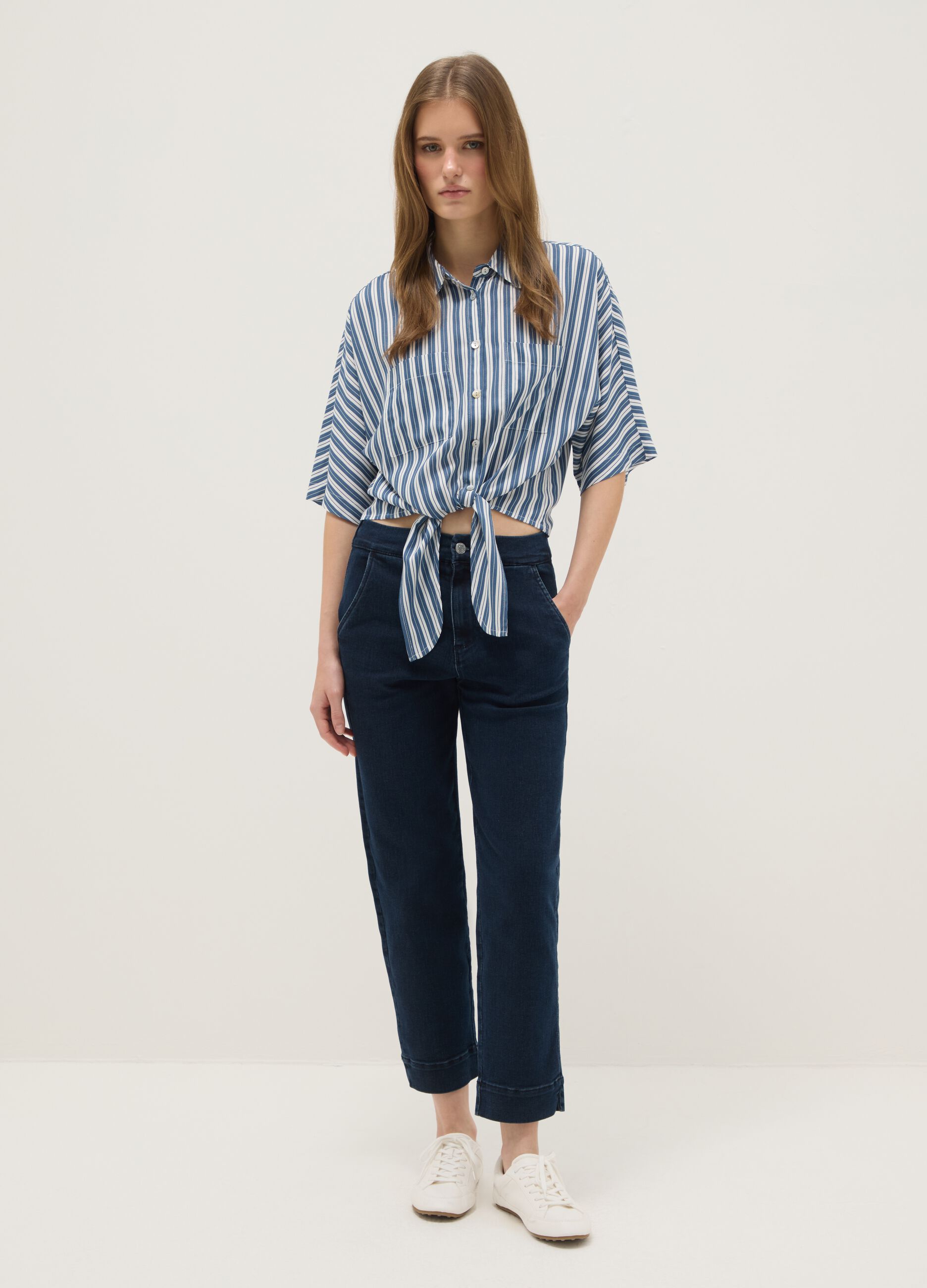 Multicolour striped regular fit pure viscose shirt