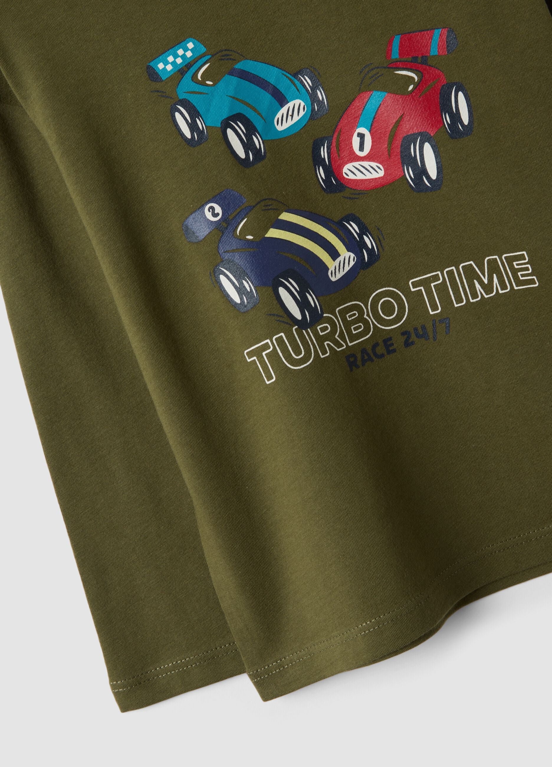 Green organic cotton T-shirt with racing cars for baby boys