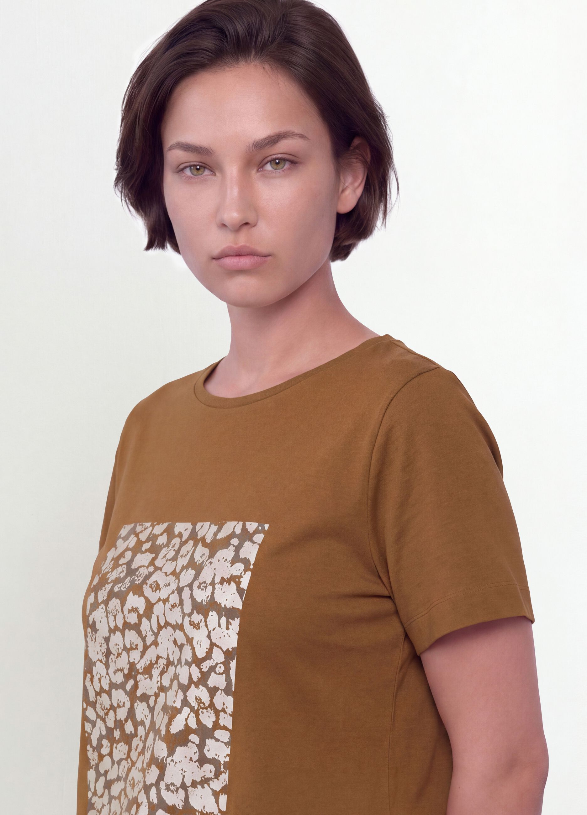 Brown pure cotton T-shirt with front print, regular fit