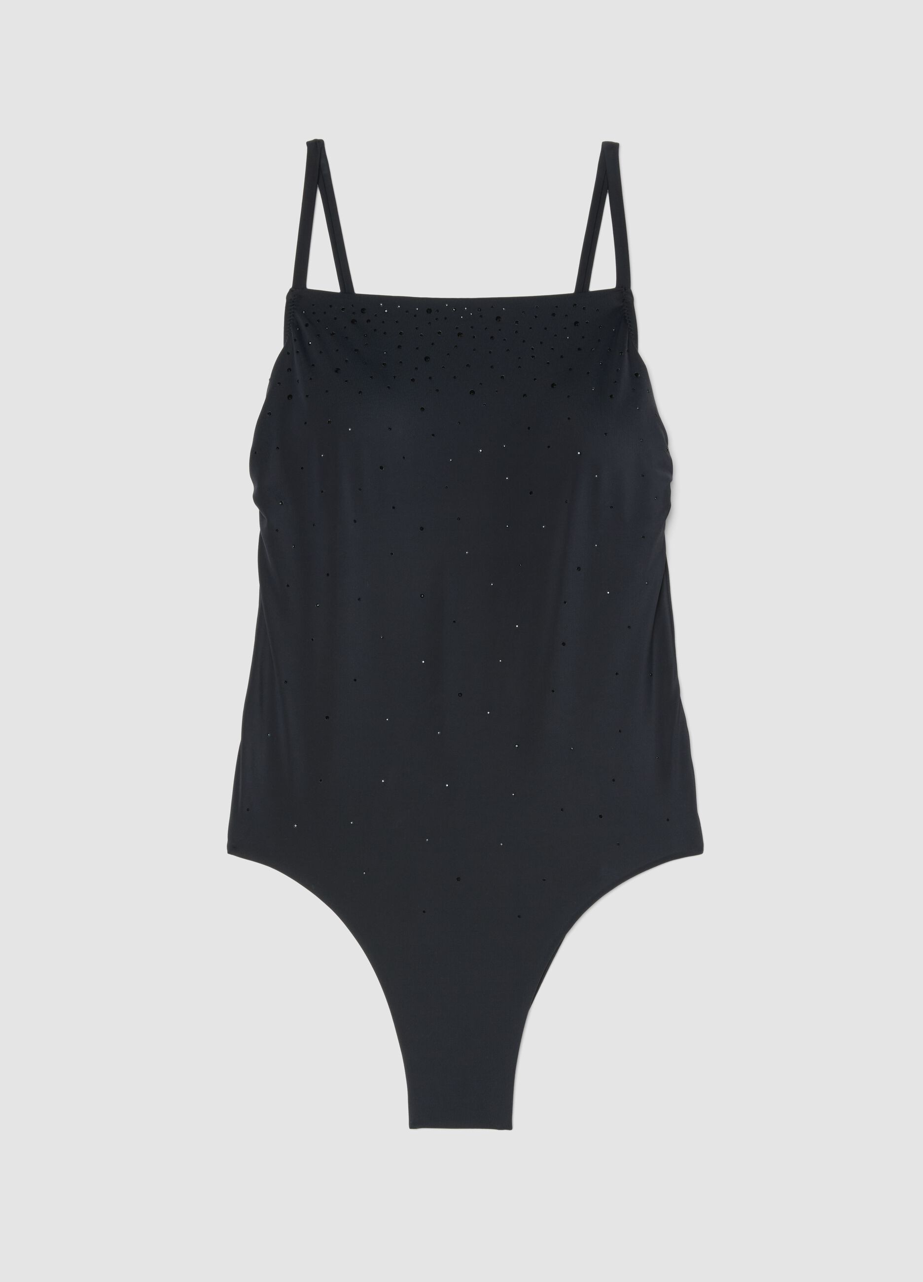Black stretch fabric swimsuit with straps