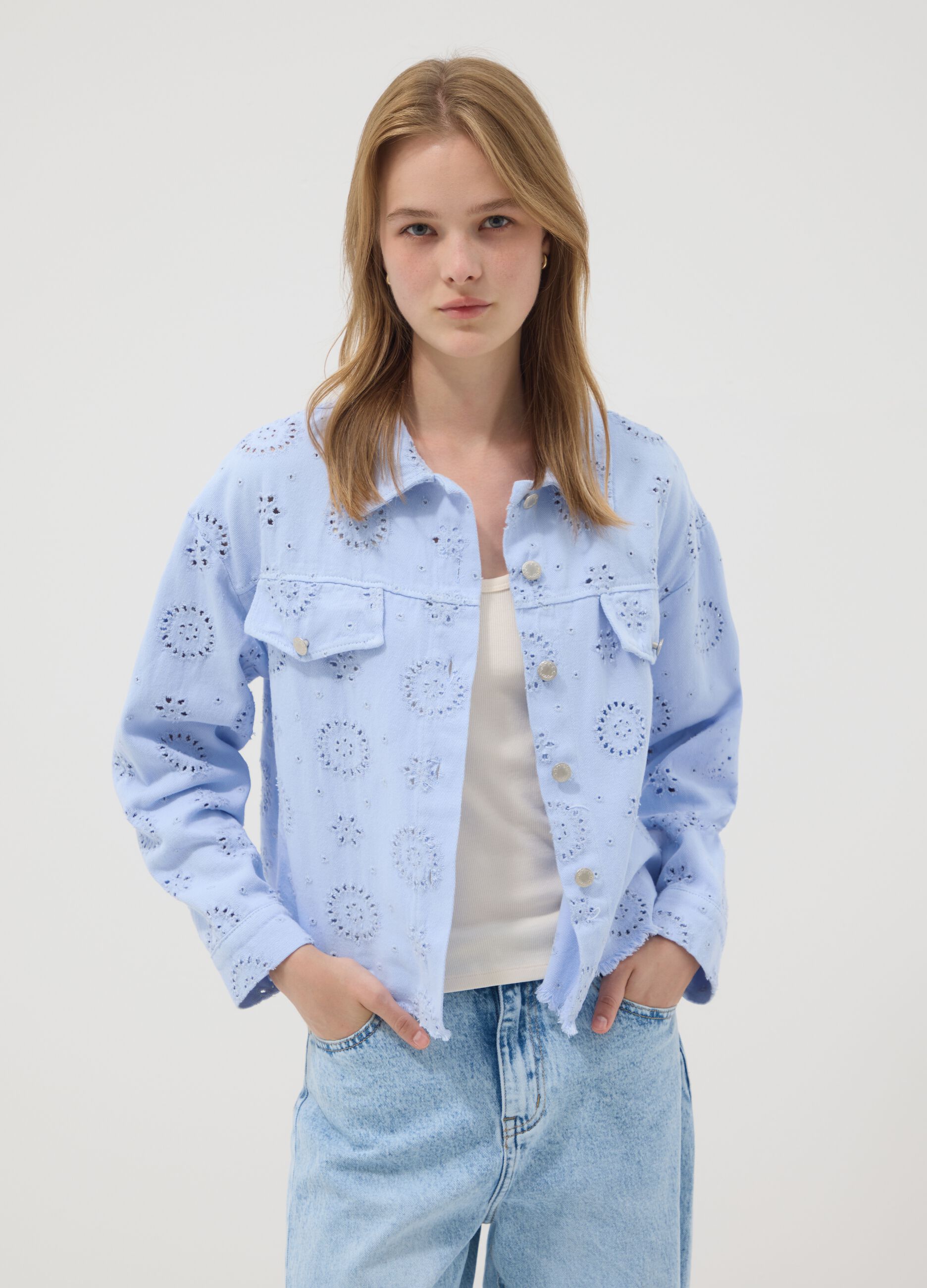 Sky-blue pure cotton broderie anglaise jacket