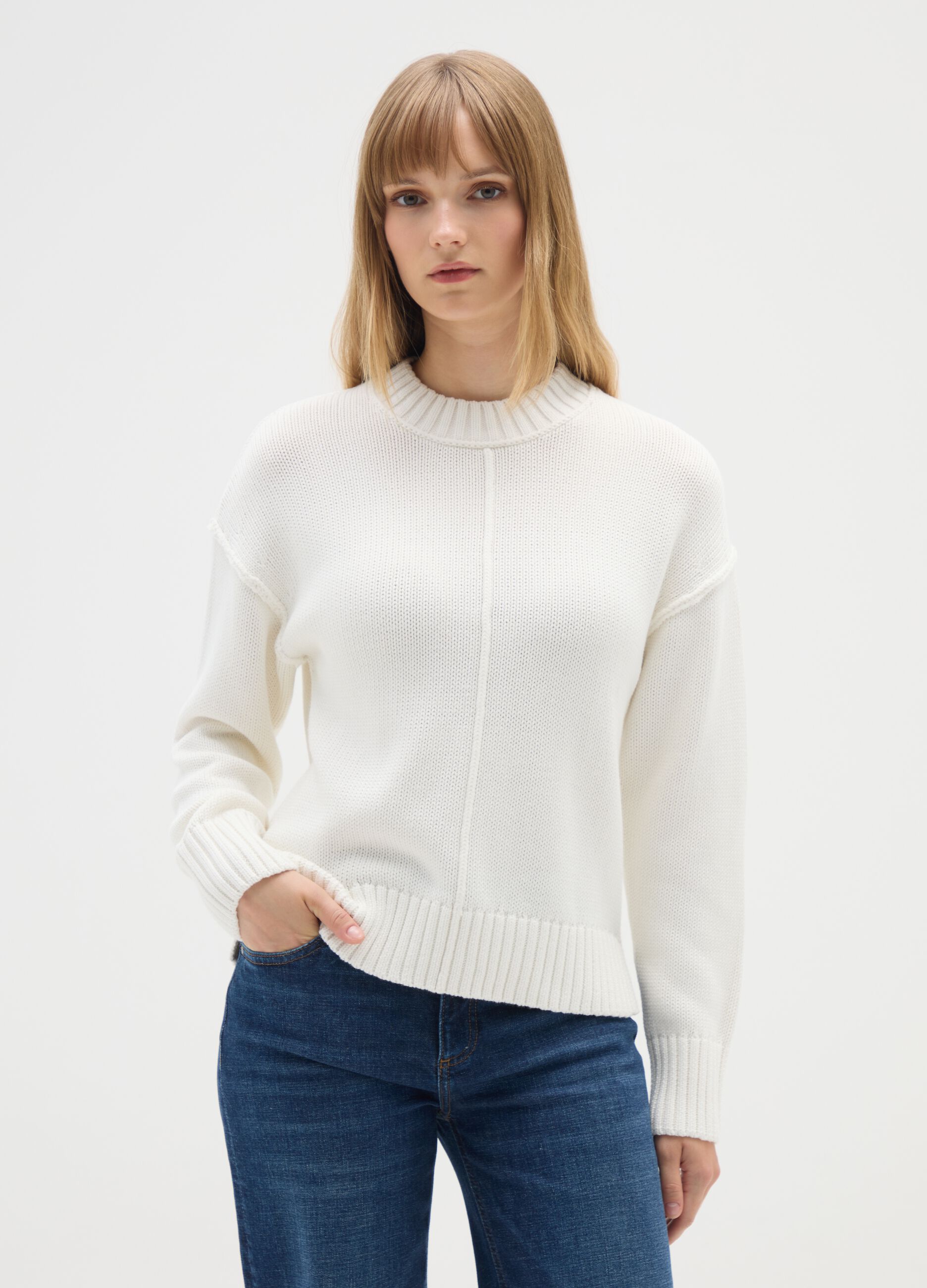Maglione a collo alto in puro cotone bianco 