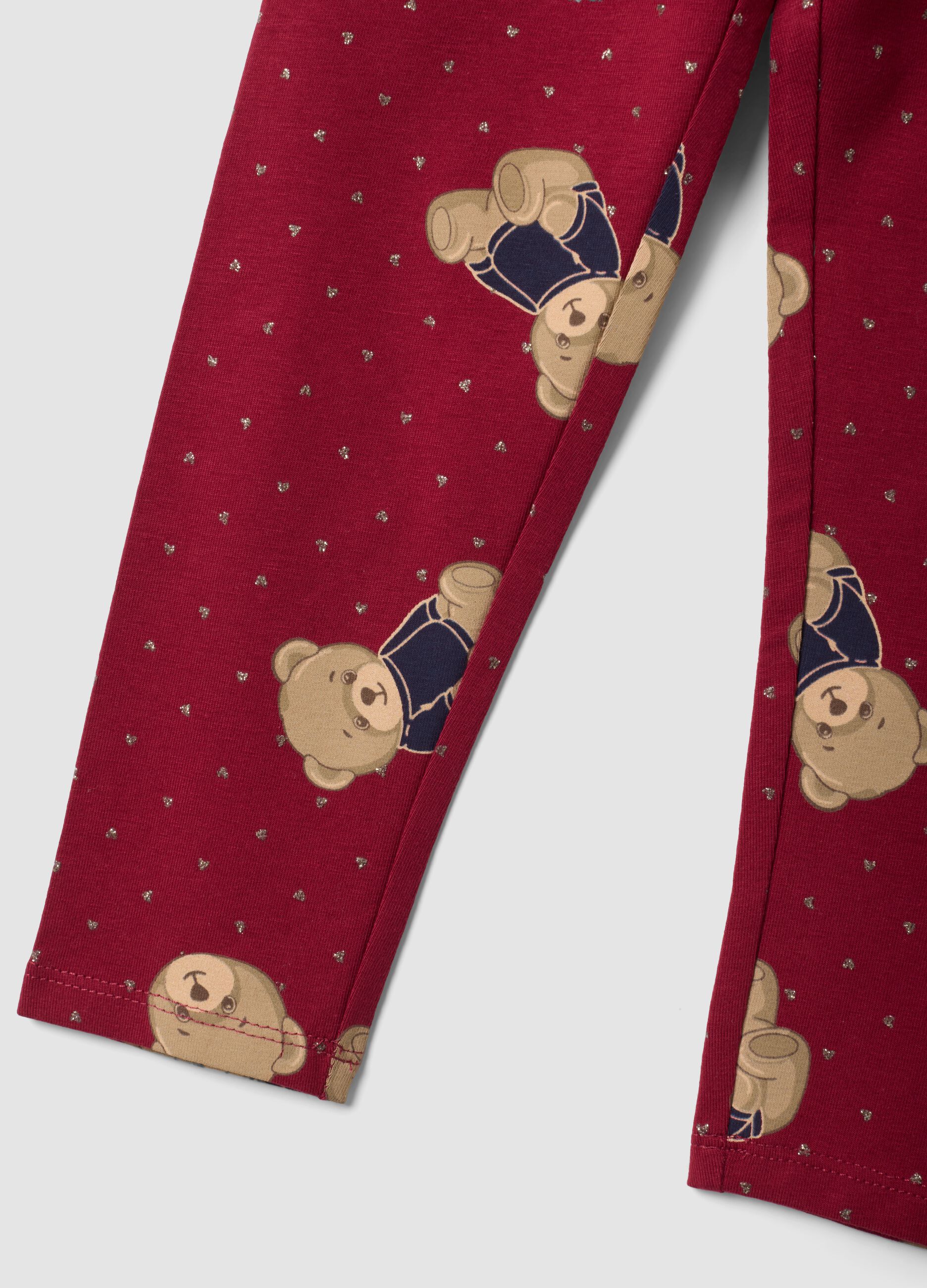 Leggings rossi in cotone organico elasticizzato con stampa orsetti per bambina