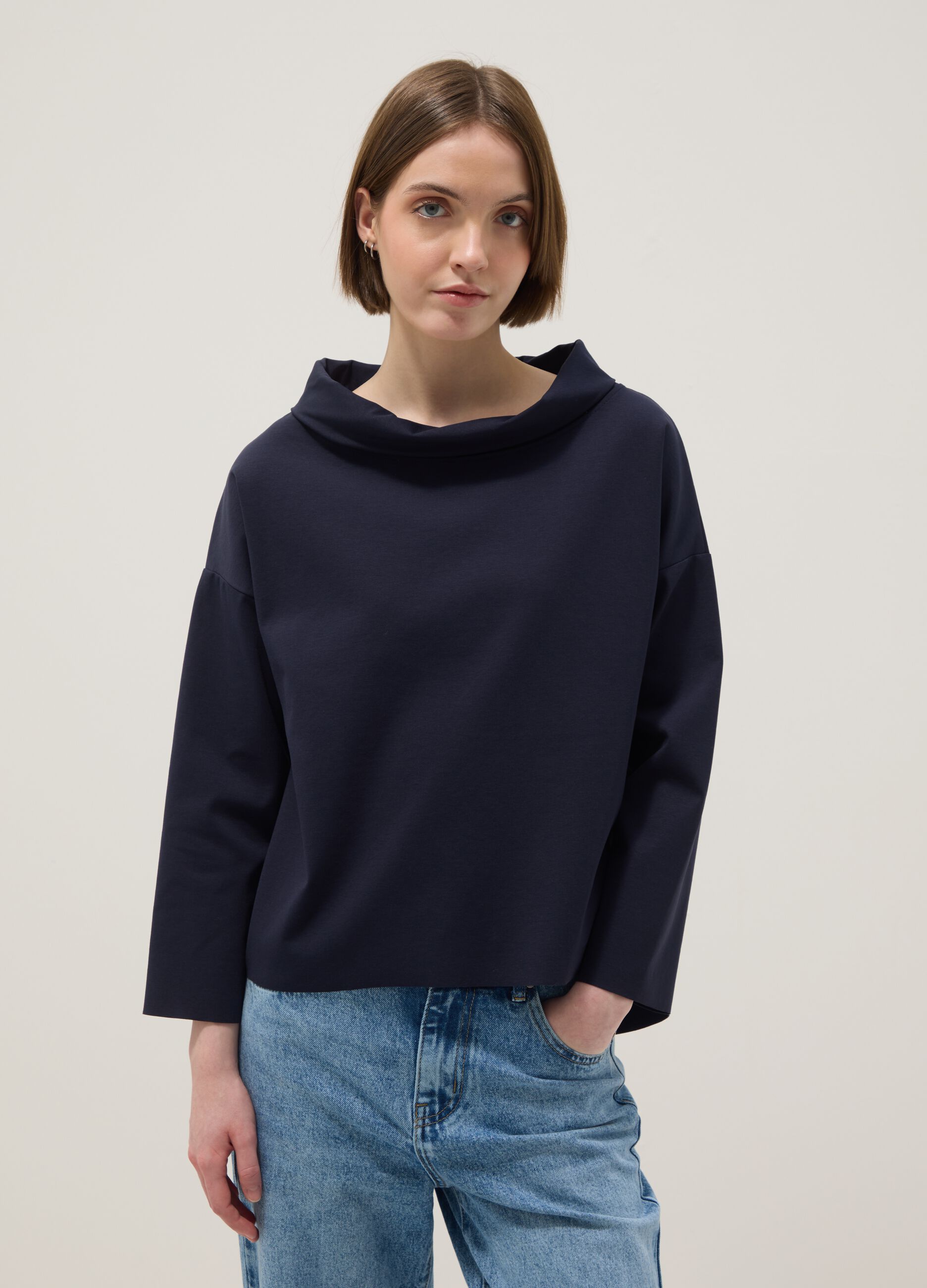 Blue regular fit stretch cotton blend jumper with wide collar