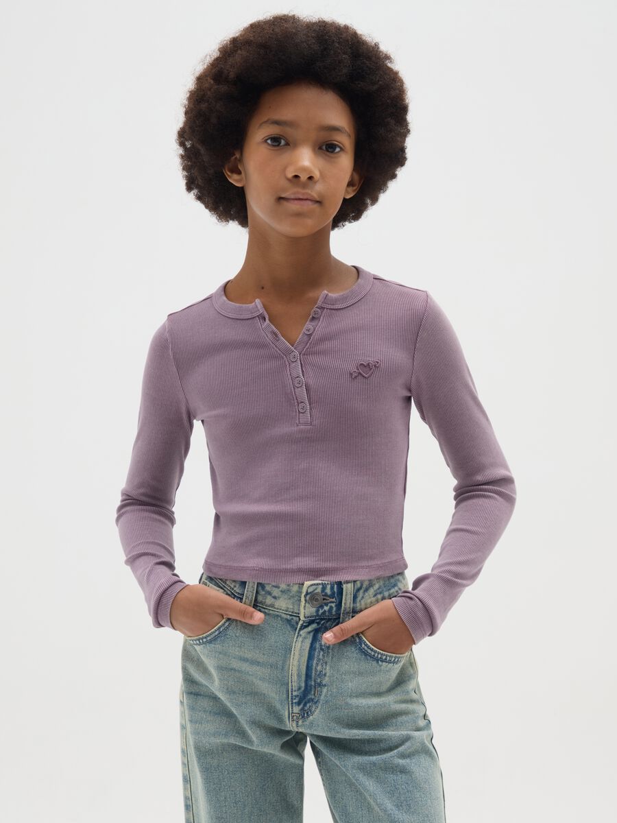 Purple Henley cotton blend fitted girl's T-shirt_0