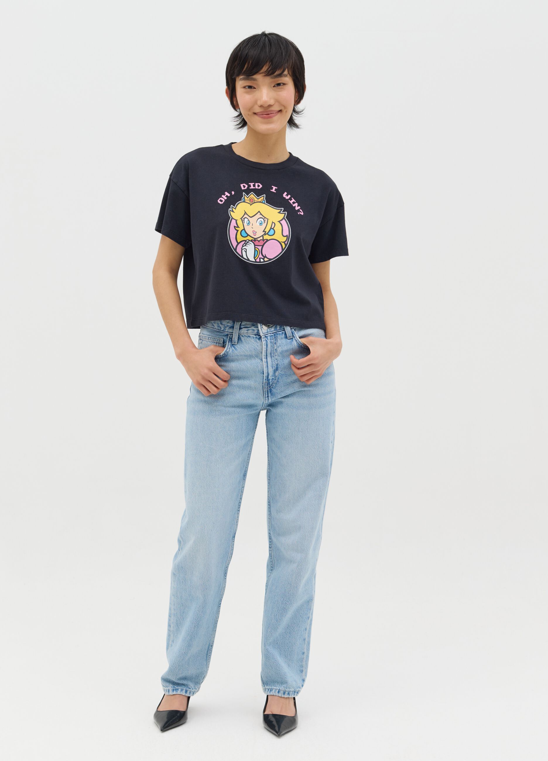 T-shirt nera in cotone stampa Super Mario™ principessa Peachy