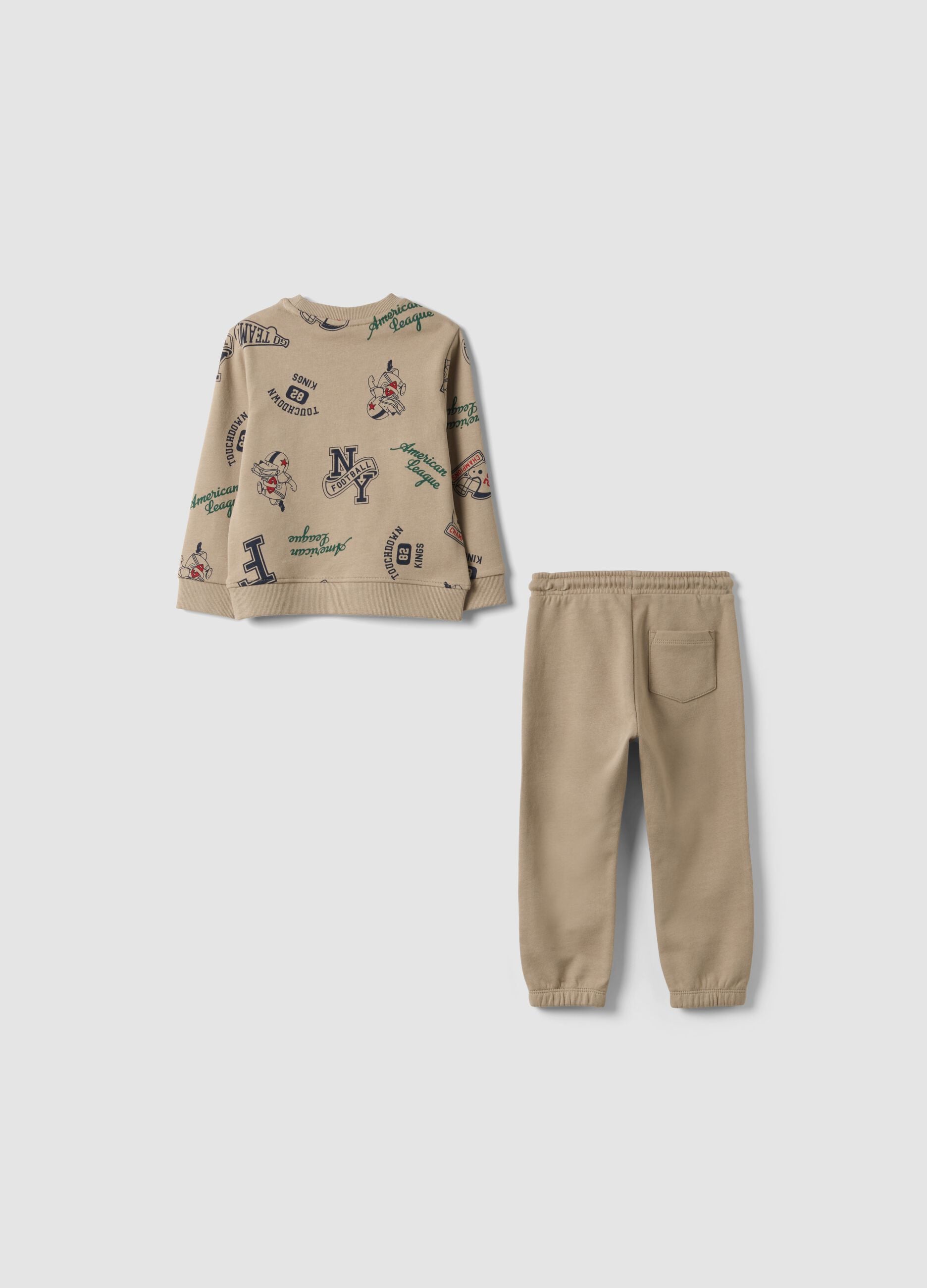 Beige pure cotton crew-neck printed set for baby boy