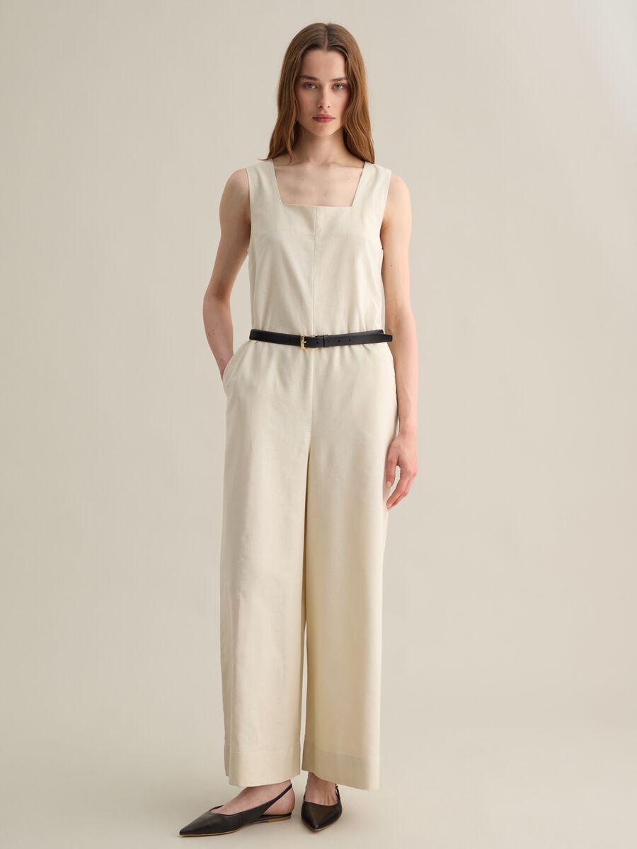 Sleeveless beige jumpsuit in cotton and linen_0