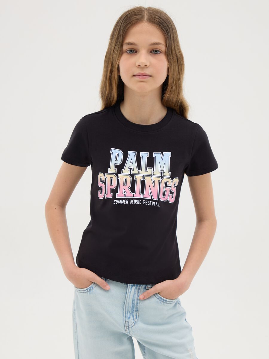 T-shirt nera in cotone stretch con stampa_0