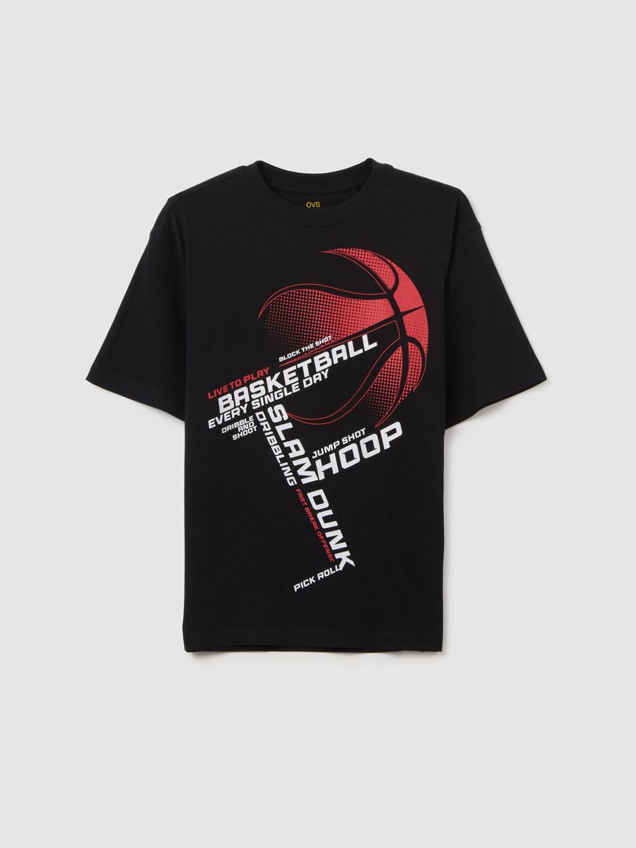 T-shirt da ragazzo in puro cotone nero regular fit con stampa_0