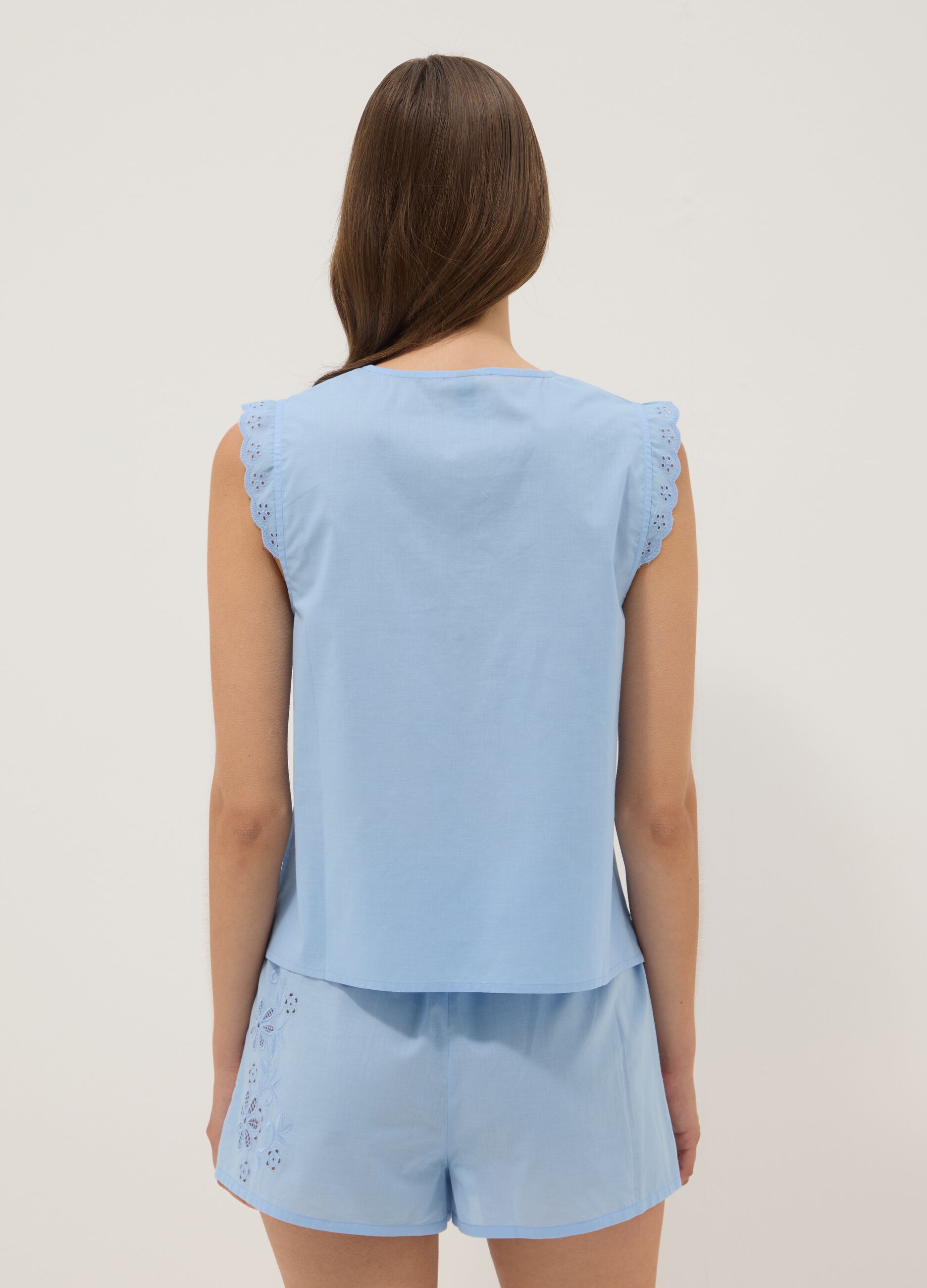 Sleeveless sky-blue pure cotton V-neck top, regular fit