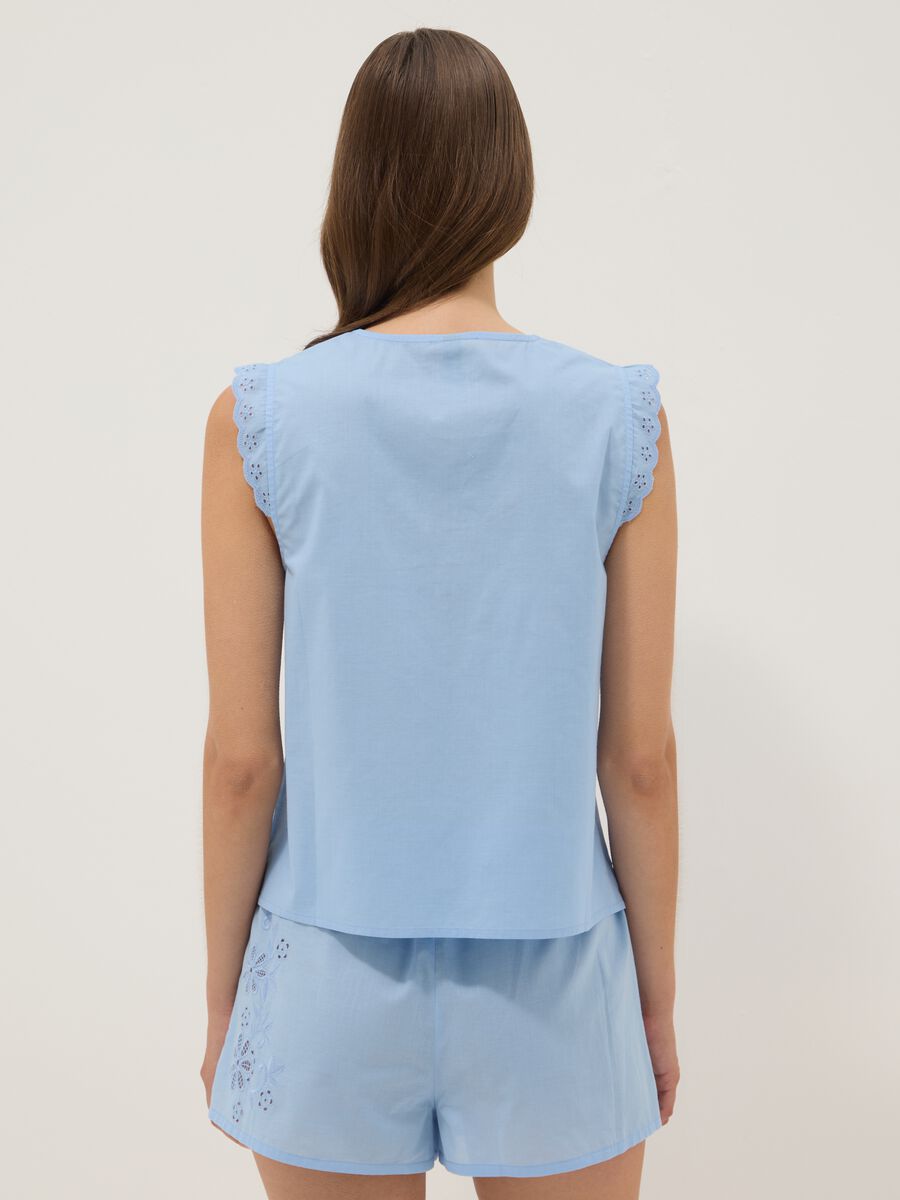 Sleeveless sky-blue pure cotton V-neck top, regular fit_3
