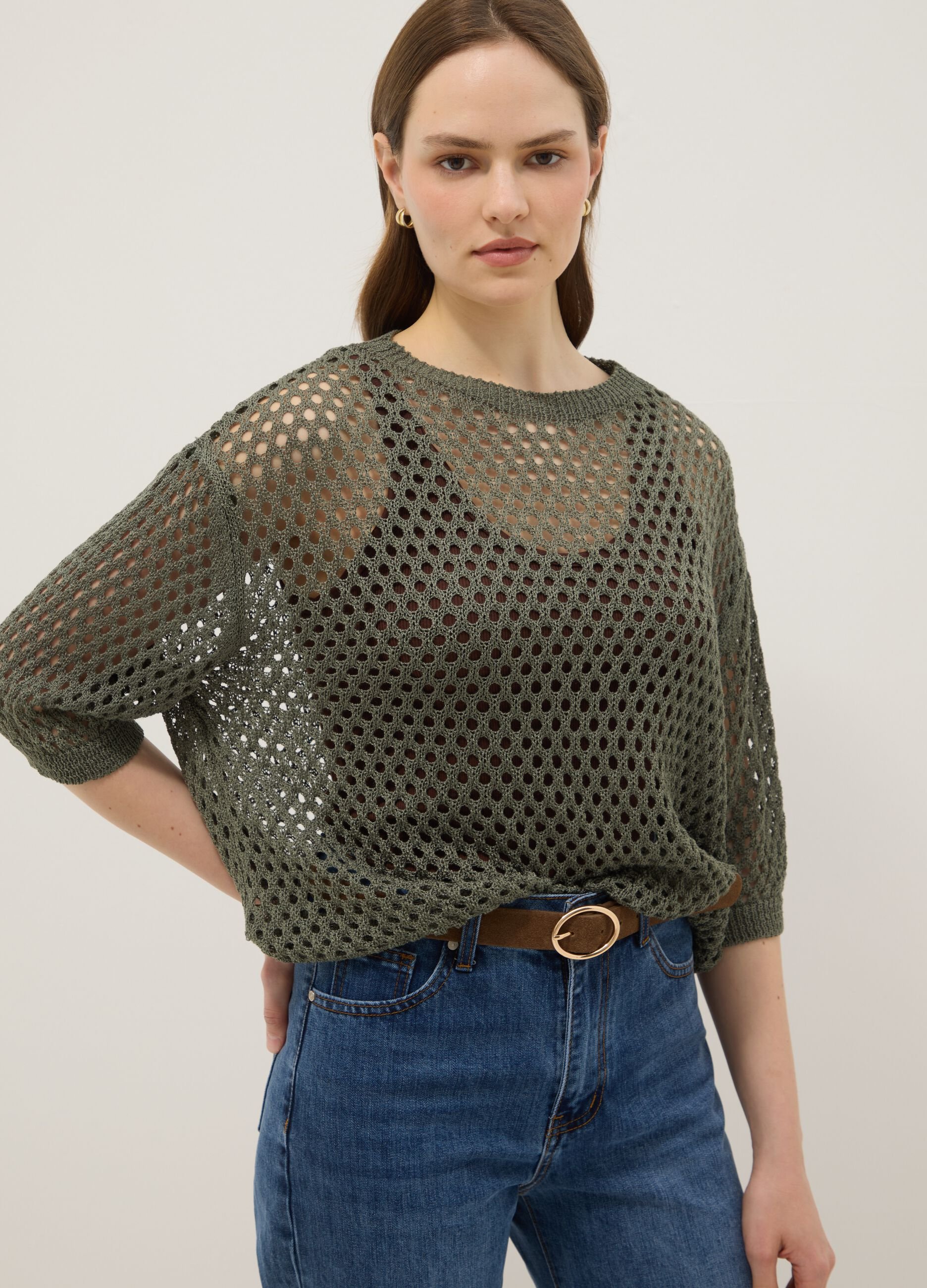 Green open-knit mesh top