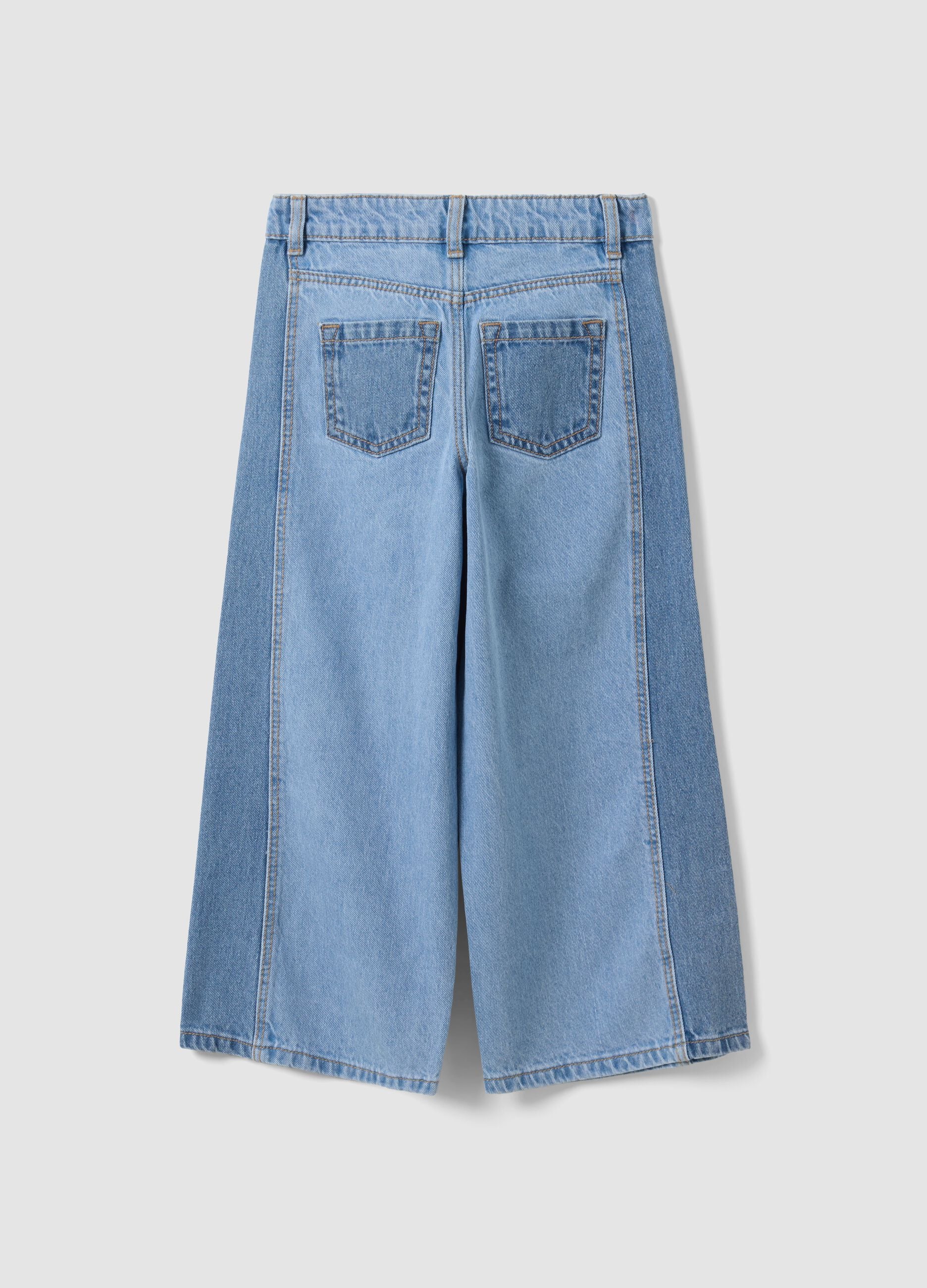 Light Blue Wide-Leg Pure Cotton Jeans for Girls