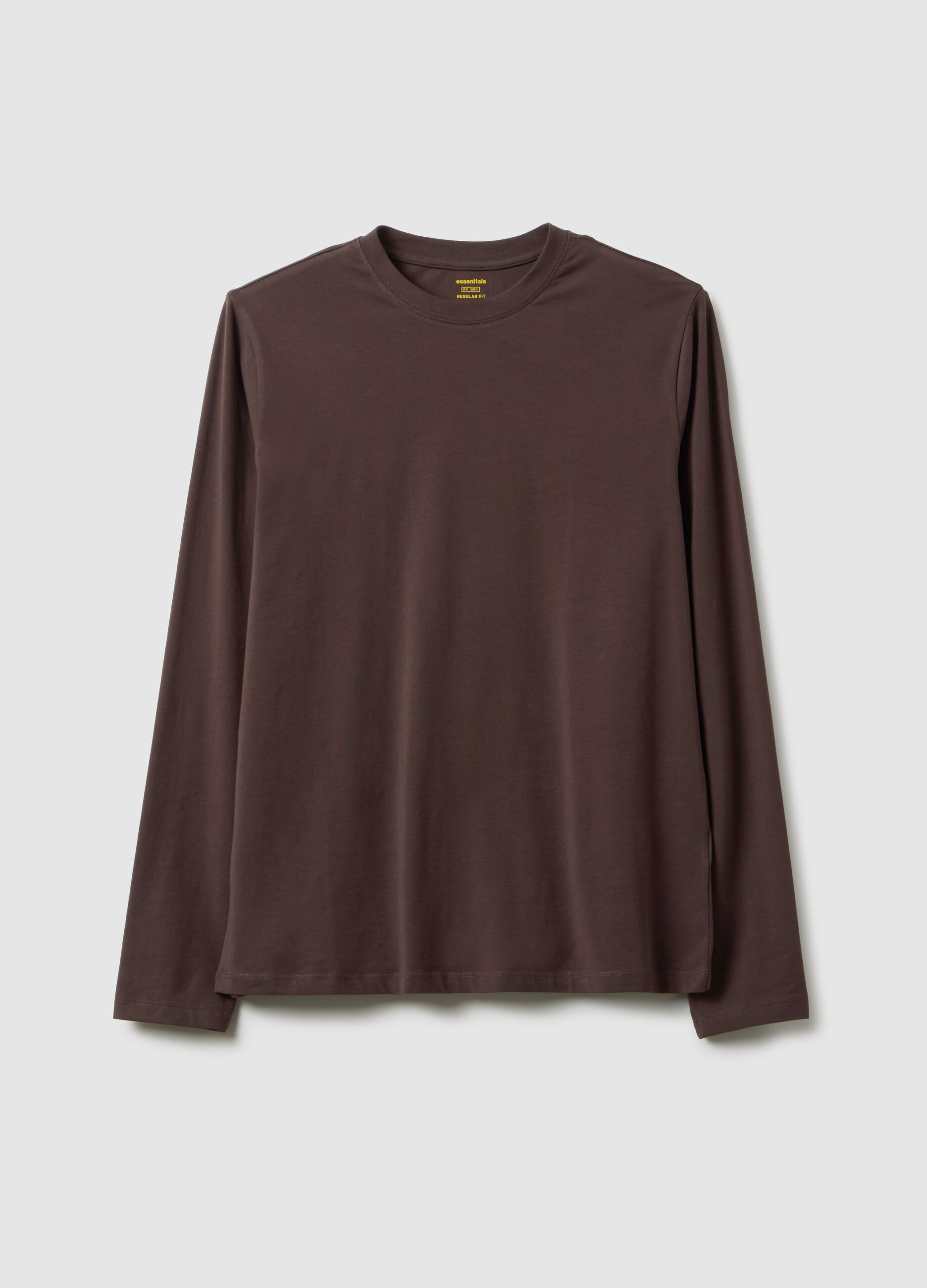 T-shirt marrone a maniche lunghe in cotone elasticizzato regular fit