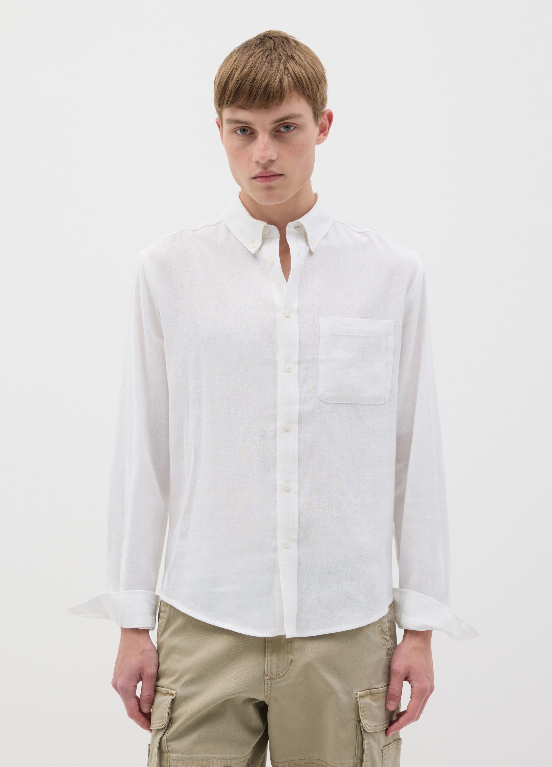 Camicia bianca in cotone viscosa e lino