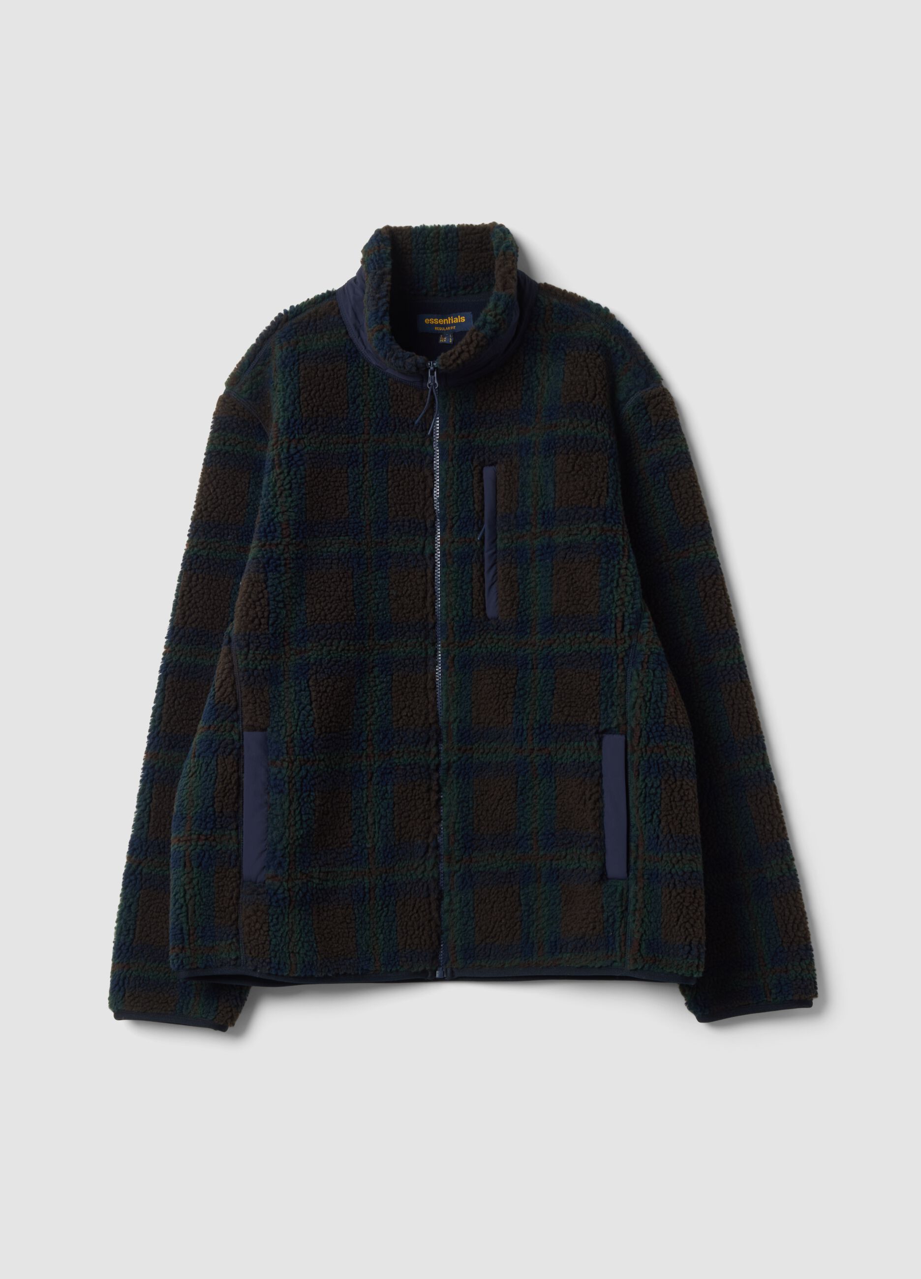 Blue and black checked sherpa-collar sweatshirt, regular fit