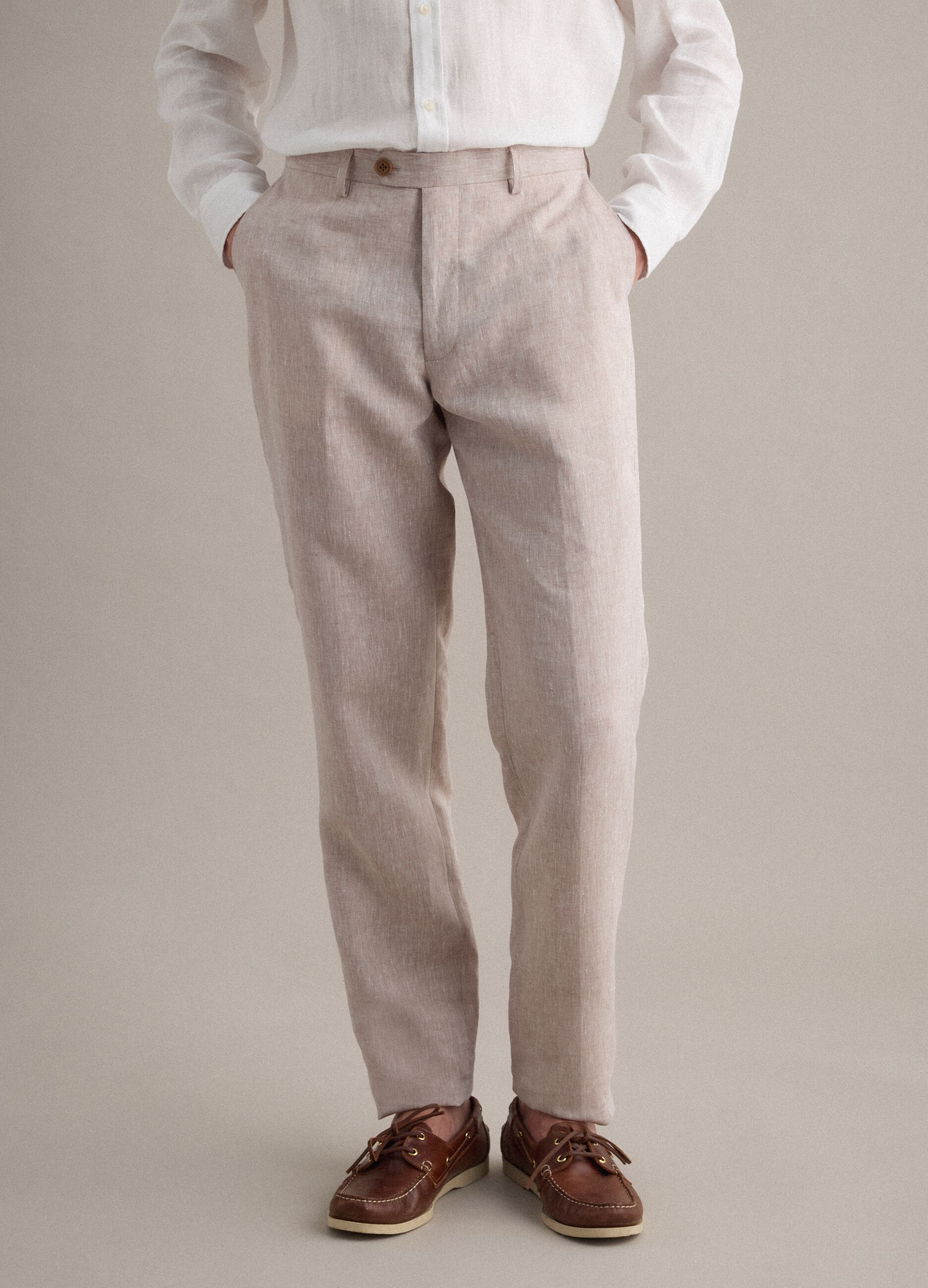 Beige pure linen slim fit trousers