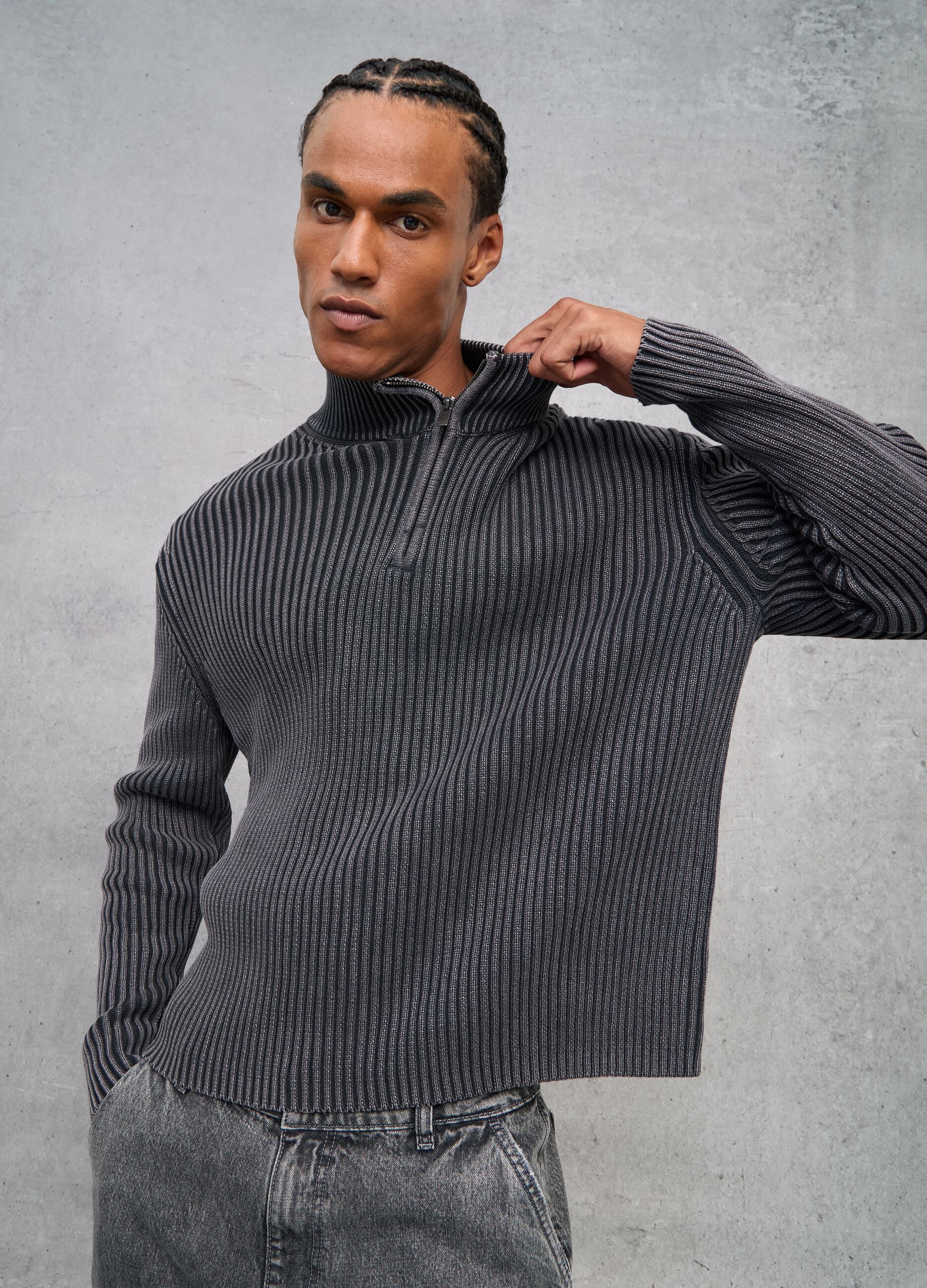 Half-Zip Ribbed Knit Vintage Grey