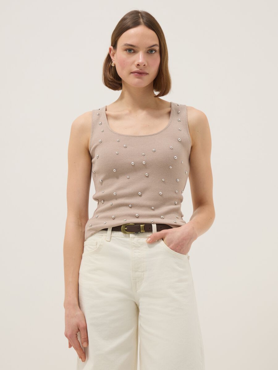 Beige regular fit tank top with metallic appliqu&eacute;s_0
