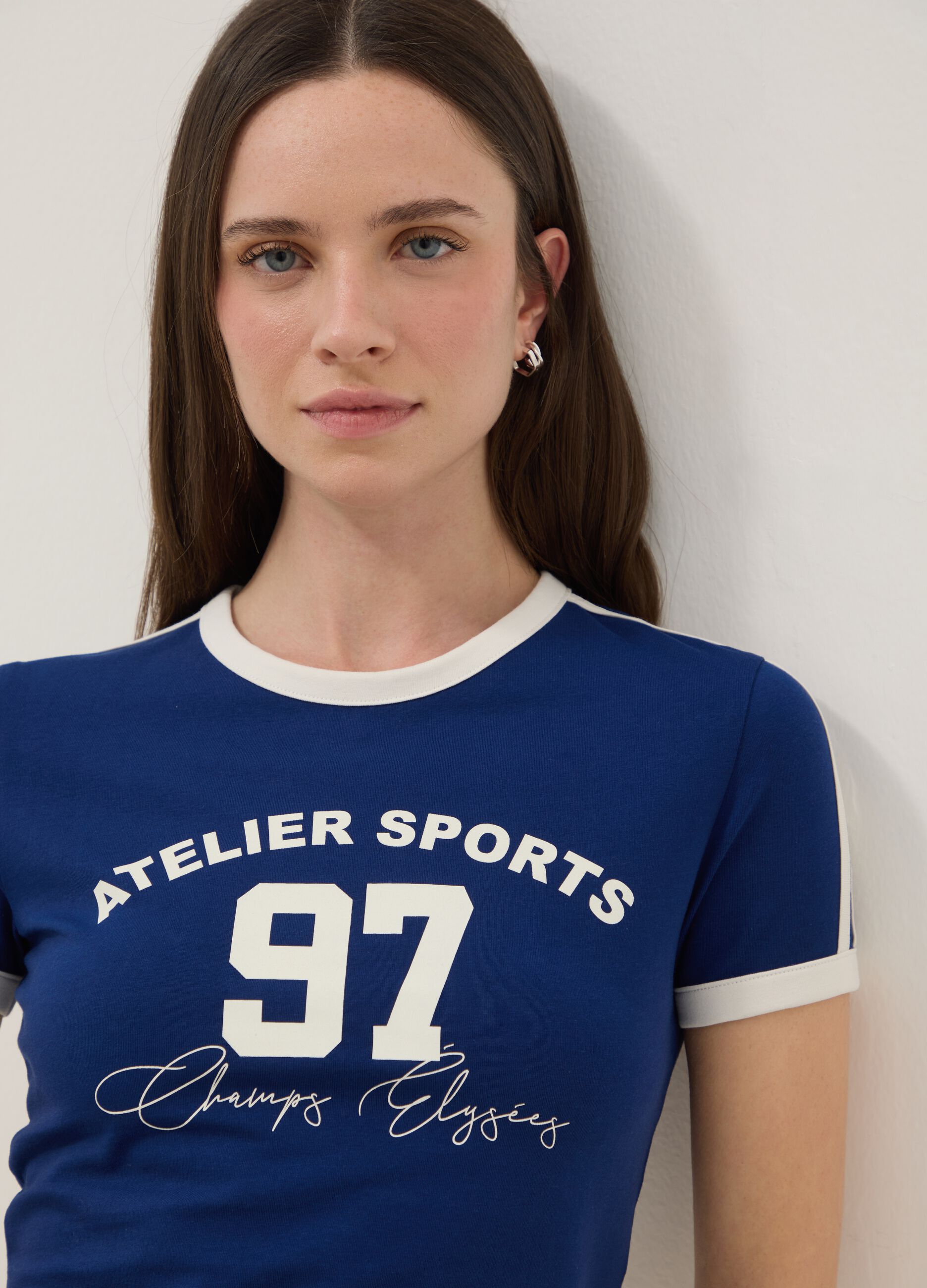 Slim fit blue stretch cotton T-shirt with print