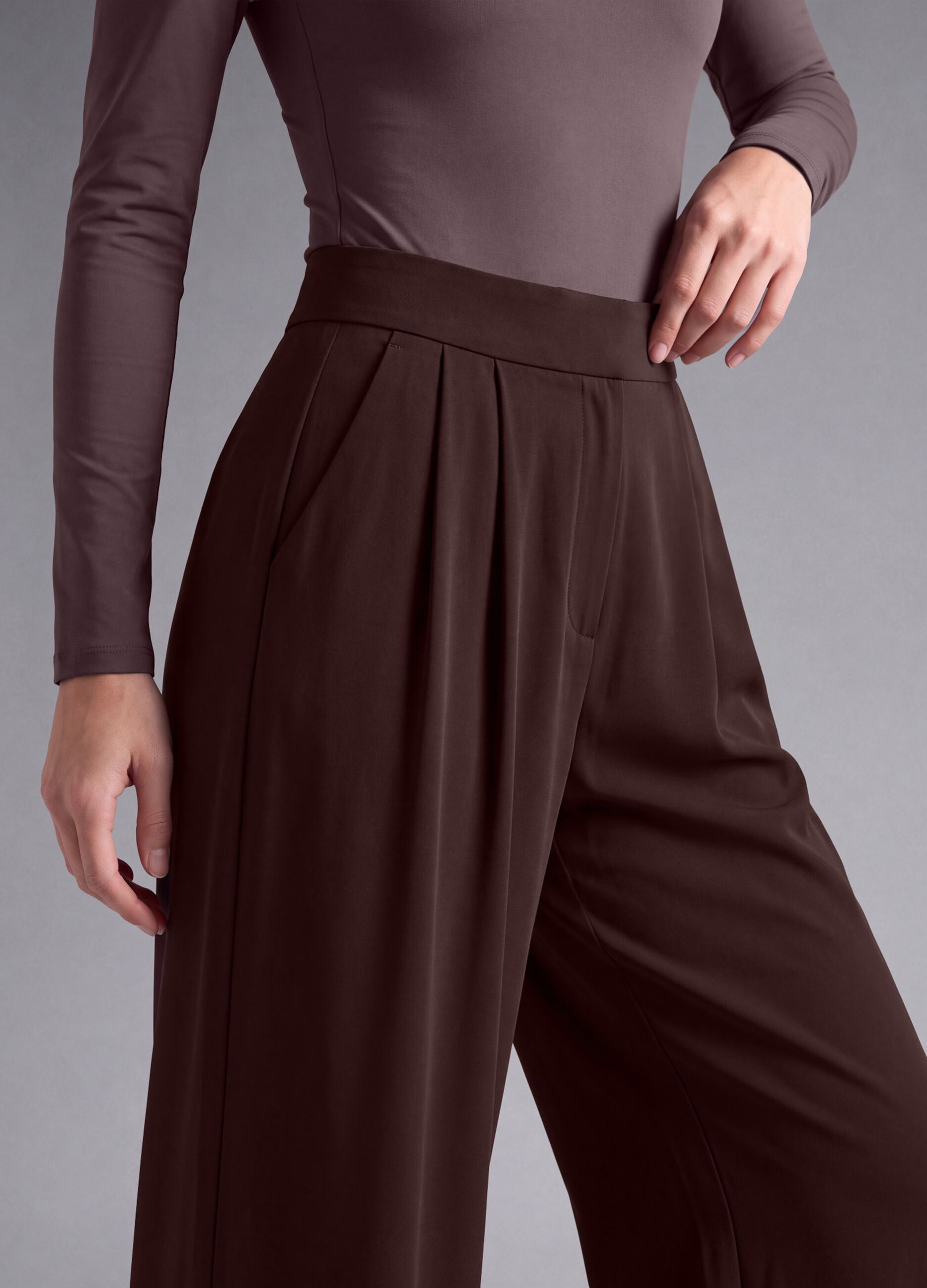 Brown wide-leg stretch-fabric trousers